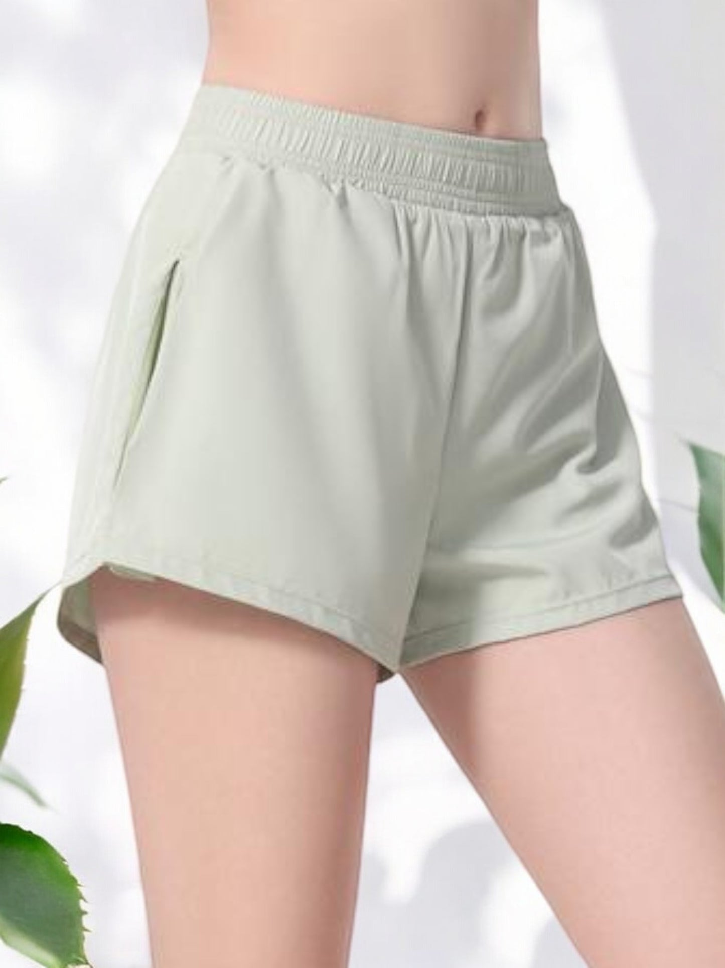 High Waist Elastic Active Sports Shorts with Overlapping Hem Design