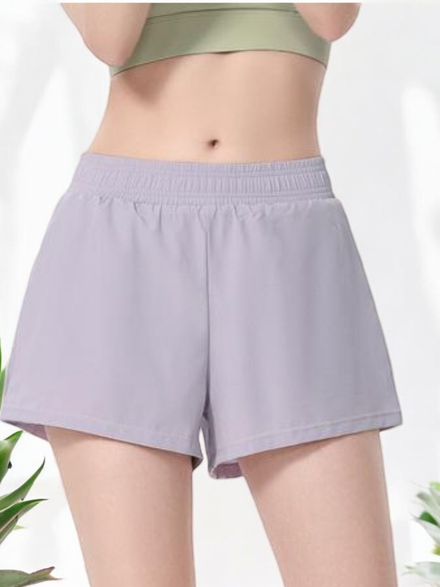 High Waist Elastic Active Sports Shorts with Overlapping Hem Design