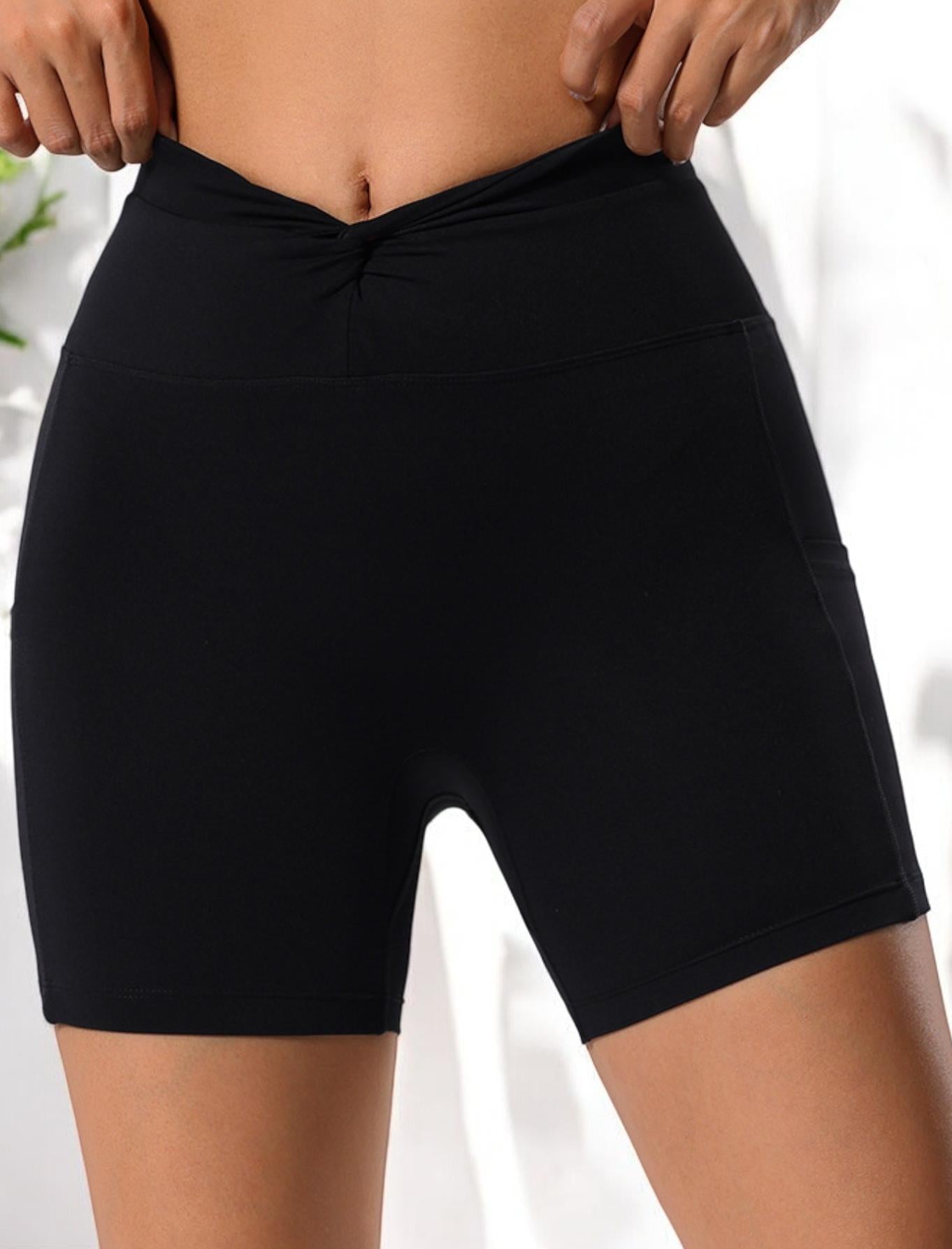 High Waist Scrunch Front Athletic Shorts with Side Pockets