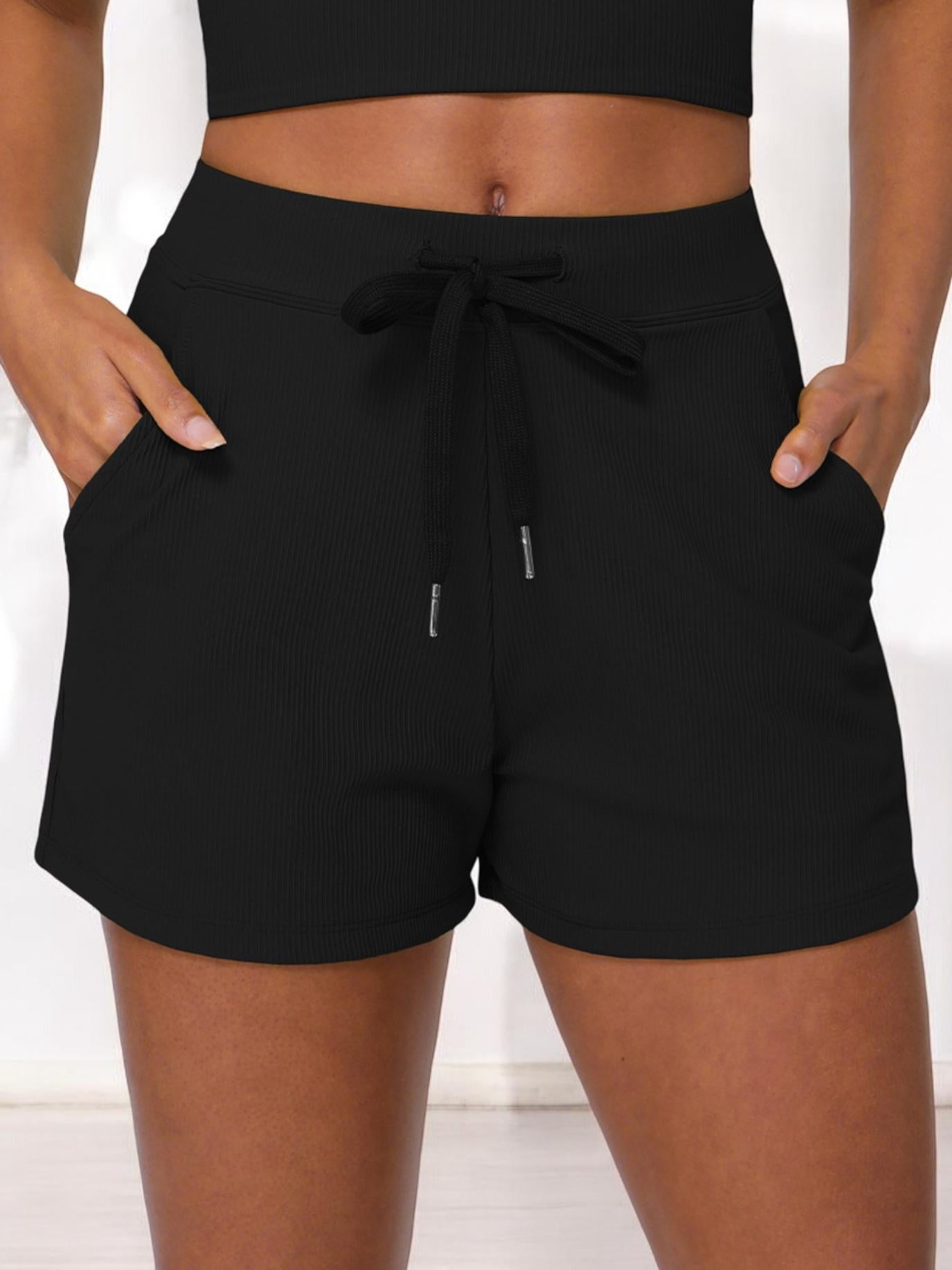 High Waist Ribbed Lounge Shorts with Drawstring and Side Pockets