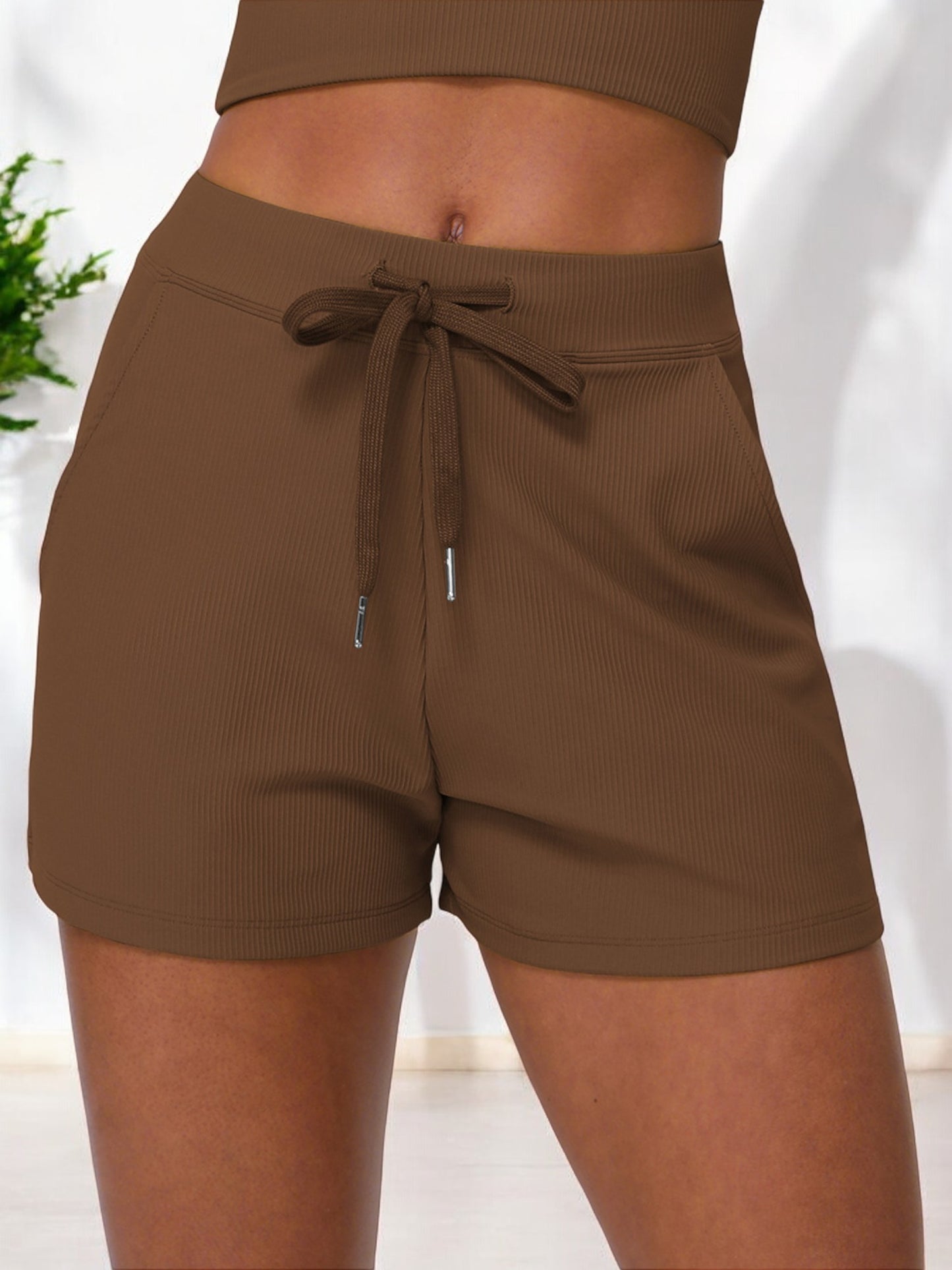 High Waist Ribbed Lounge Shorts with Drawstring and Side Pockets