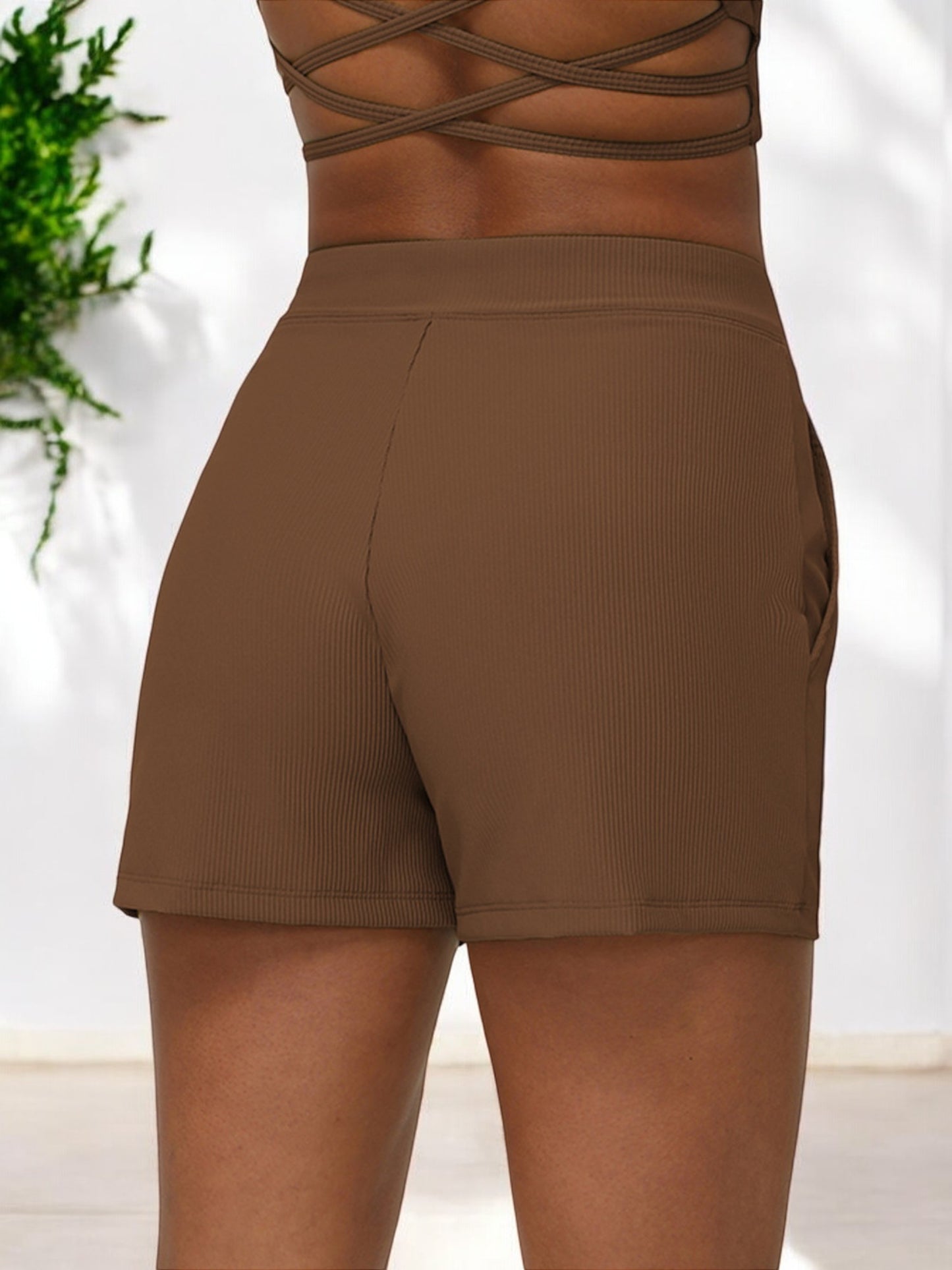 High Waist Ribbed Lounge Shorts with Drawstring and Side Pockets