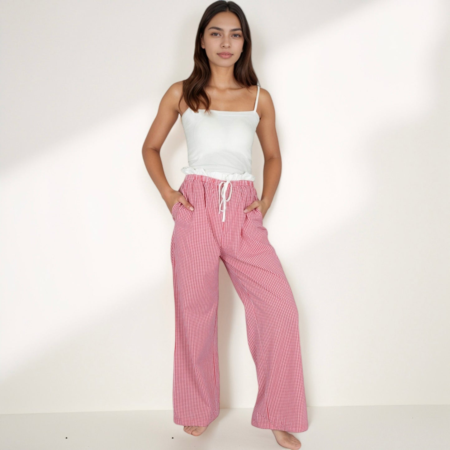 Anna-Kaci Lounge Women's Gingham Print Lounge Pants with Elastic Drawstring Waist and Relaxed Straight Leg Fit