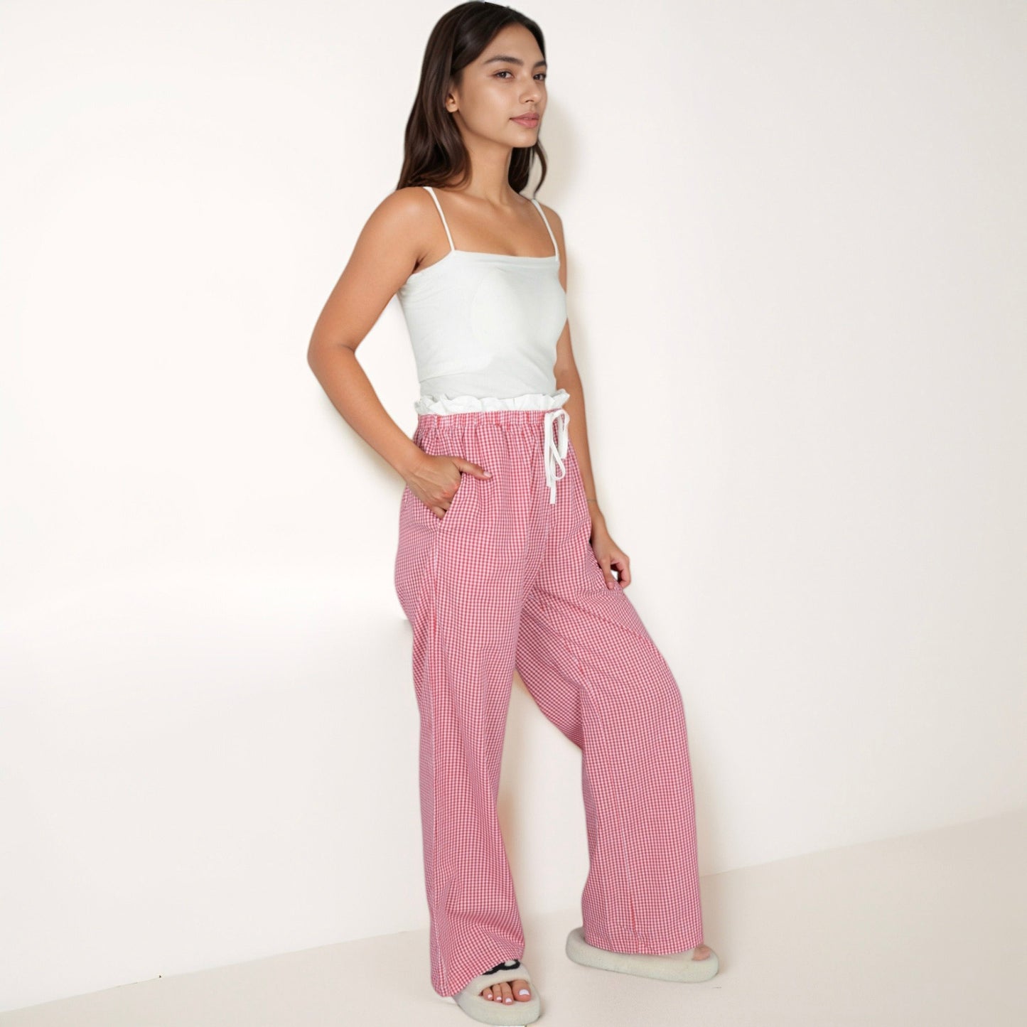 Anna-Kaci Lounge Women's Gingham Print Lounge Pants with Elastic Drawstring Waist and Relaxed Straight Leg Fit