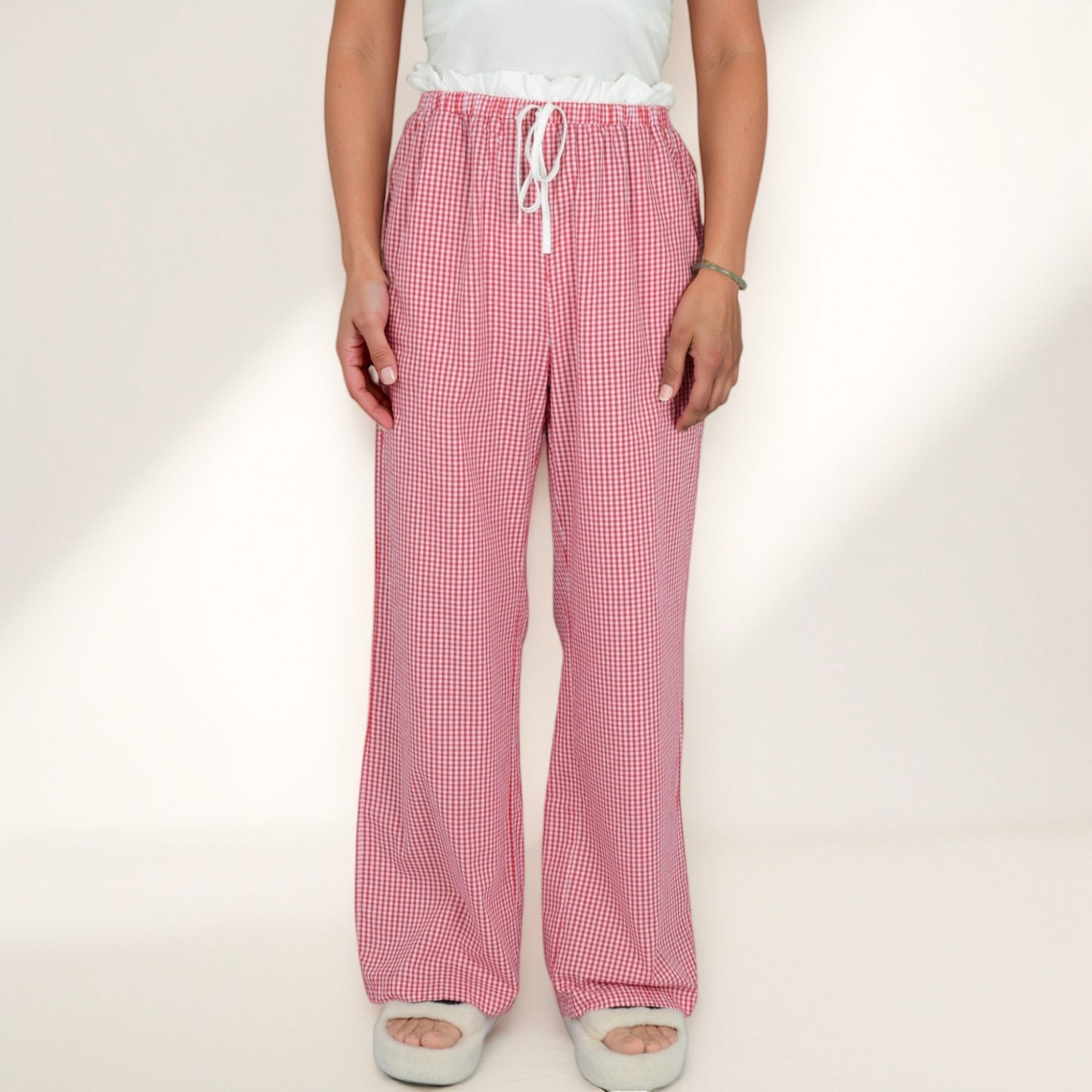Anna-Kaci Lounge Women's Gingham Print Lounge Pants with Elastic Drawstring Waist and Relaxed Straight Leg Fit
