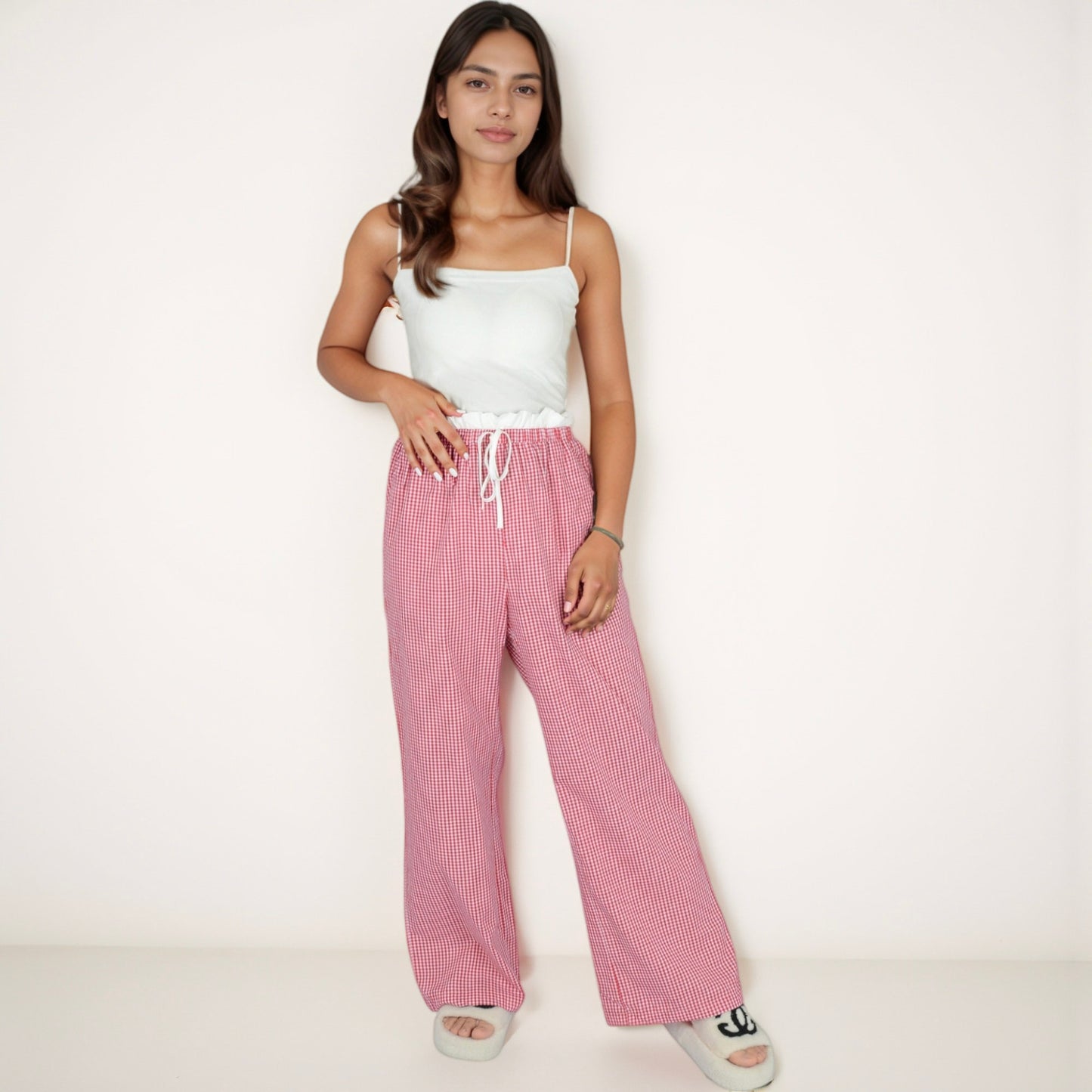 Anna-Kaci Lounge Women's Gingham Print Lounge Pants with Elastic Drawstring Waist and Relaxed Straight Leg Fit