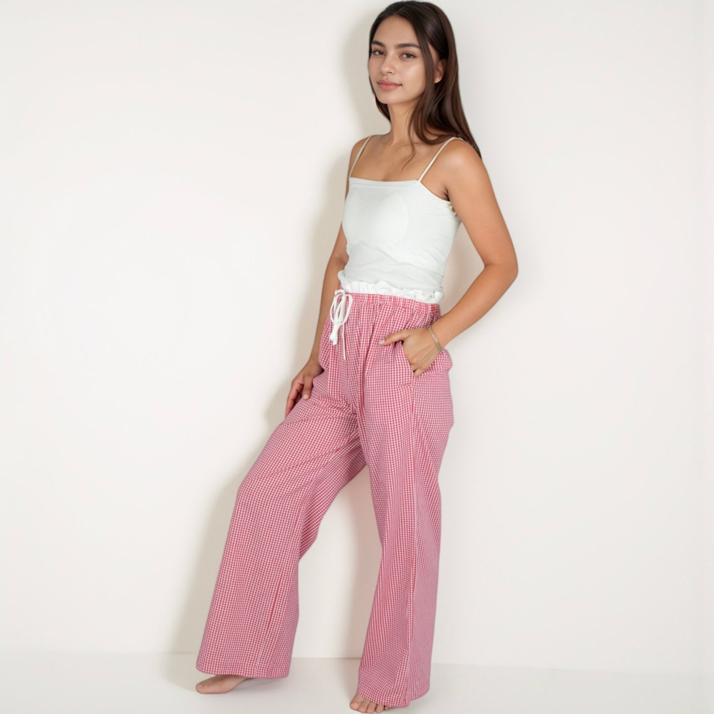 Anna-Kaci Lounge Women's Gingham Print Lounge Pants with Elastic Drawstring Waist and Relaxed Straight Leg Fit