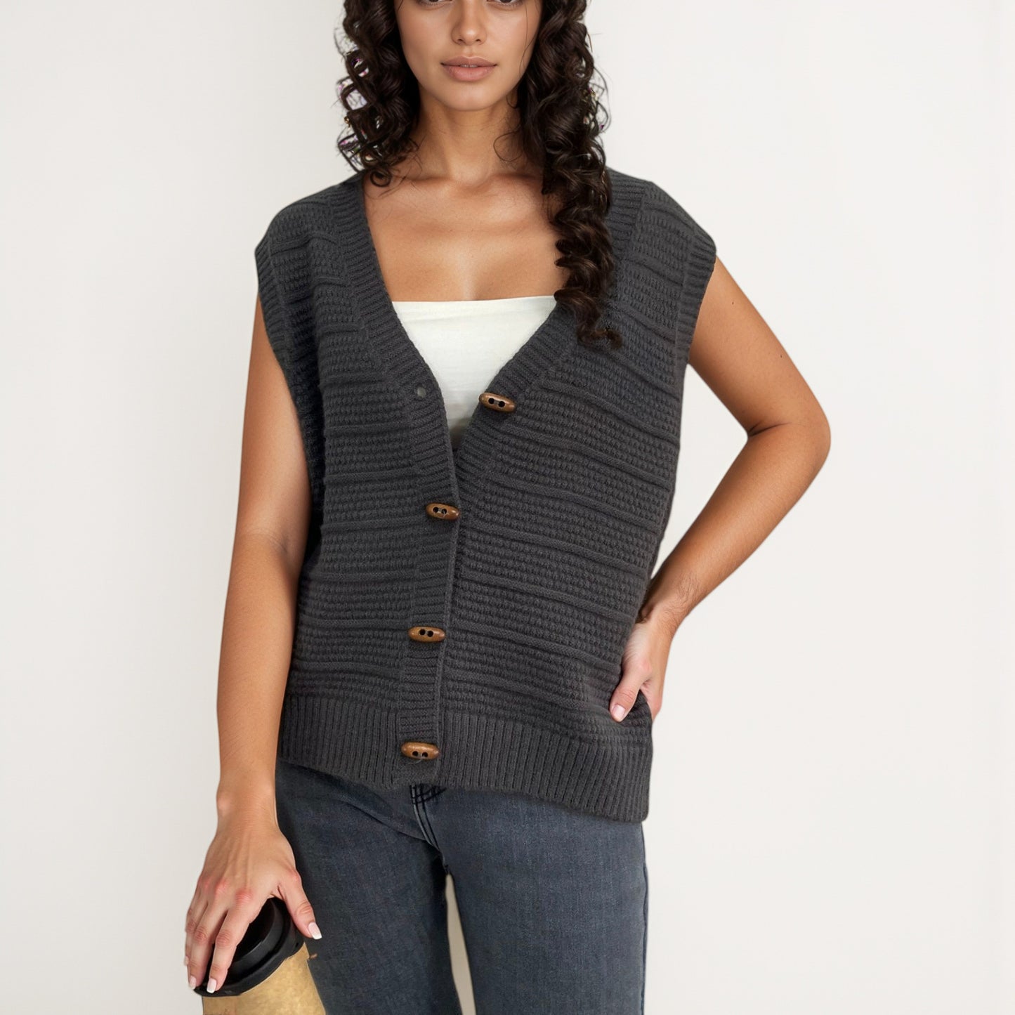 Anna-Kaci Women's Sleeveless Knit Button Down Vest with Ribbed Hem and Wooden Button Details