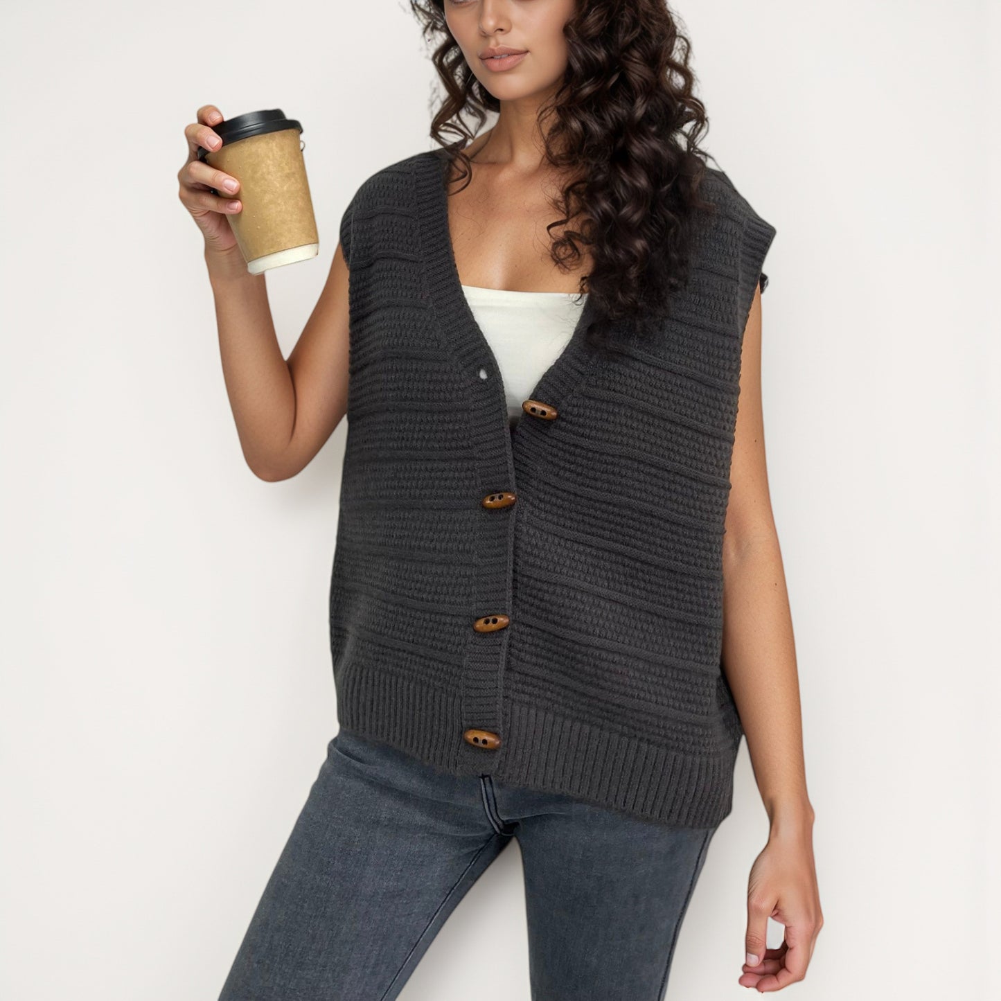 Anna-Kaci Women's Sleeveless Knit Button Down Vest with Ribbed Hem and Wooden Button Details