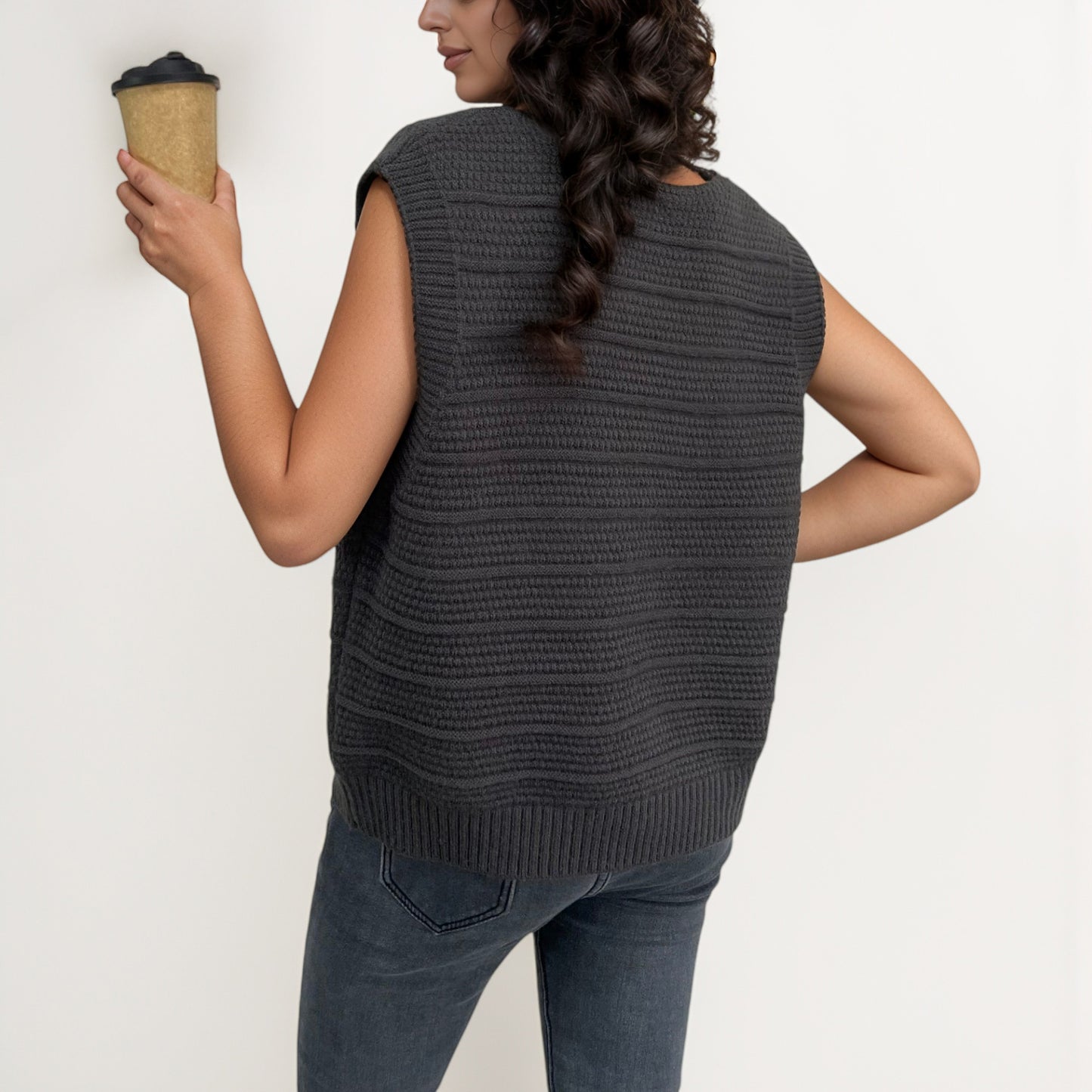 Anna-Kaci Women's Sleeveless Knit Button Down Vest with Ribbed Hem and Wooden Button Details
