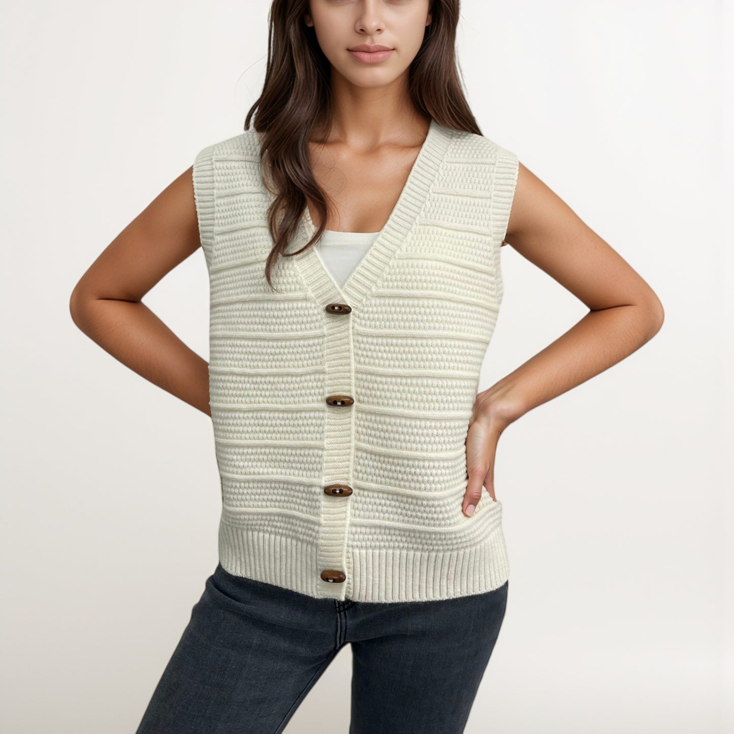 Anna-Kaci Women's Sleeveless Knit Button Down Vest with Ribbed Hem and Wooden Button Details