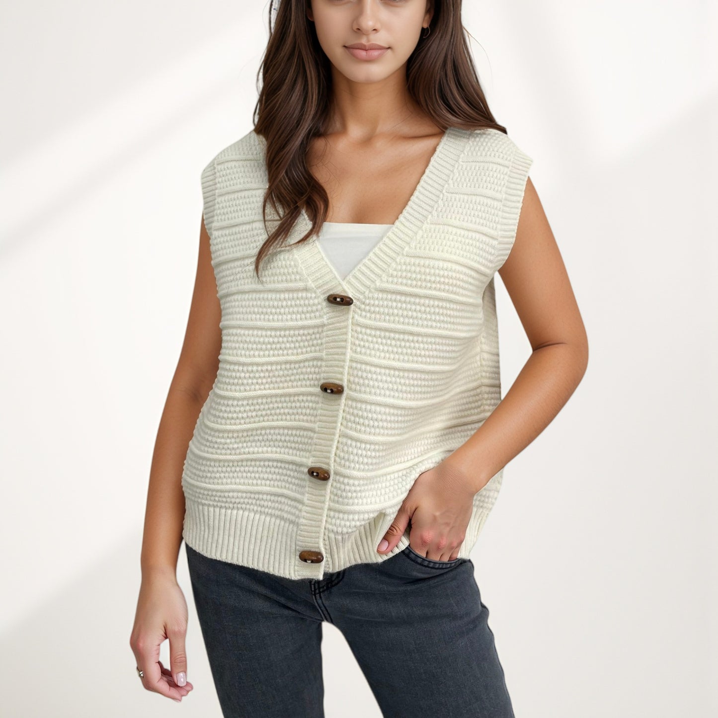 Anna-Kaci Women's Sleeveless Knit Button Down Vest with Ribbed Hem and Wooden Button Details
