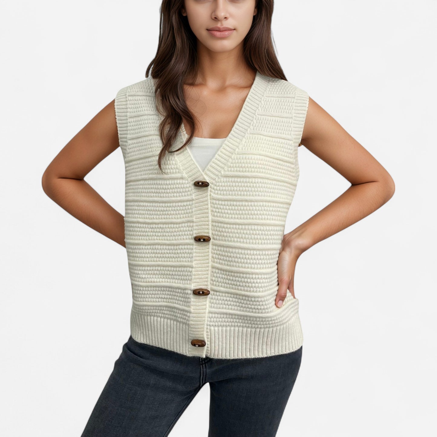 Anna-Kaci Women's Sleeveless Knit Button Down Vest with Ribbed Hem and Wooden Button Details
