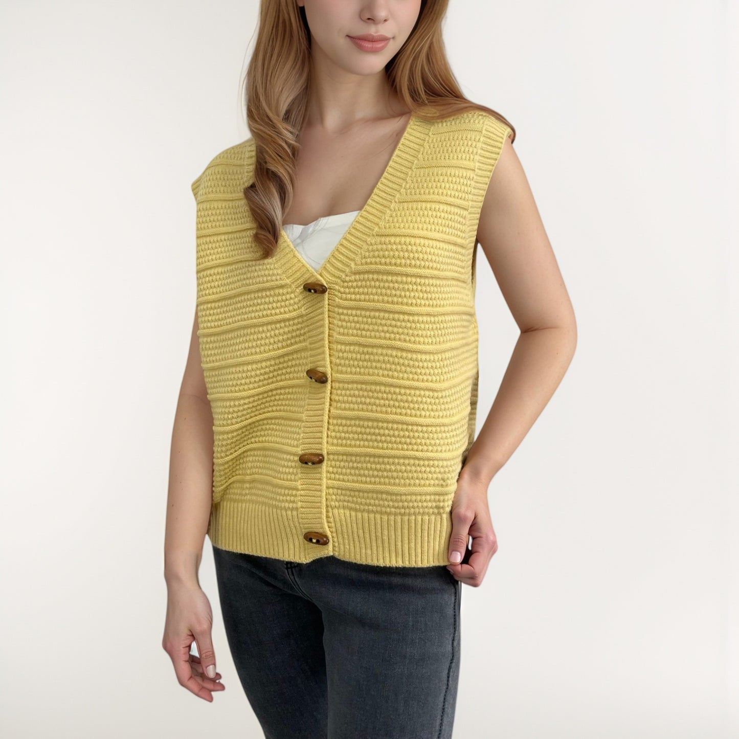 Anna-Kaci Women's Sleeveless Knit Button Down Vest with Ribbed Hem and Wooden Button Details