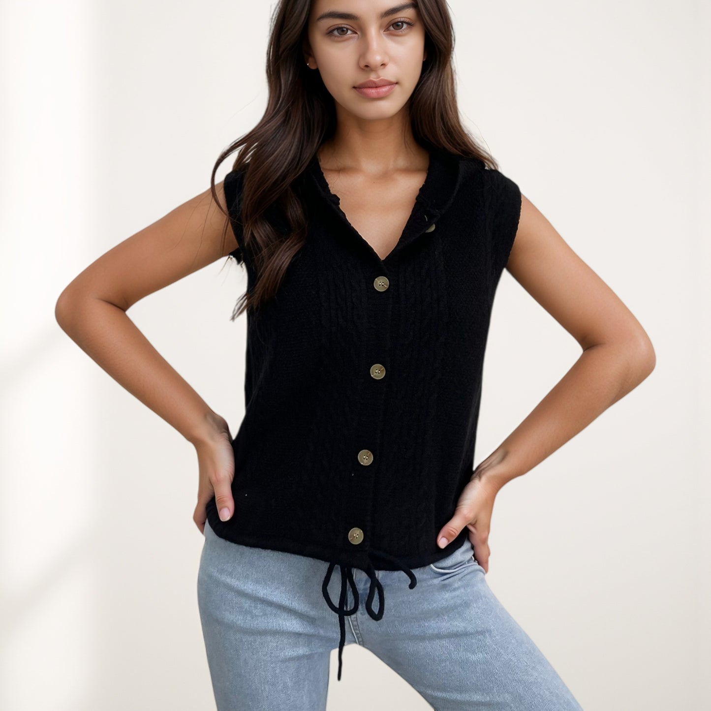 Anna-Kaci Women's Hooded Knit Button Down Vest with Drawstring Hem and Textured Cable Pattern