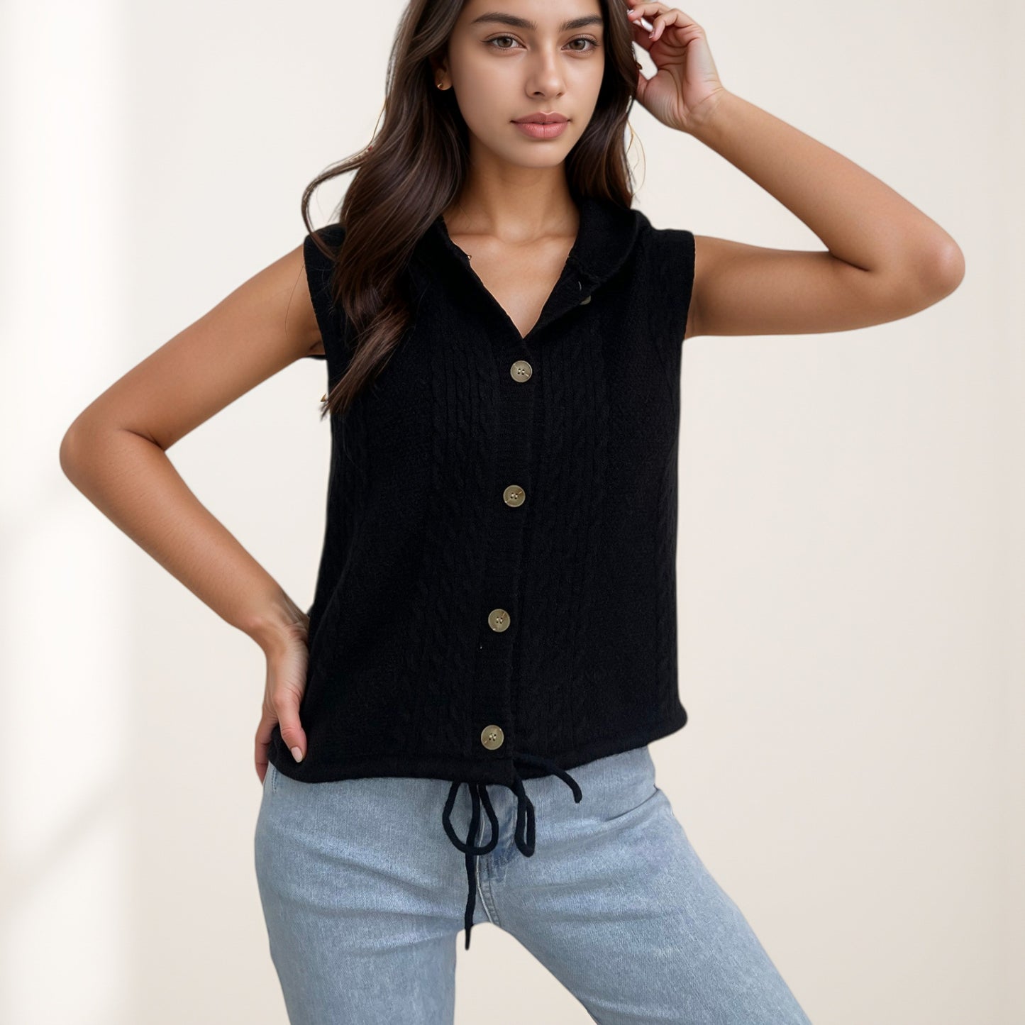 Anna-Kaci Women's Hooded Knit Button Down Vest with Drawstring Hem and Textured Cable Pattern