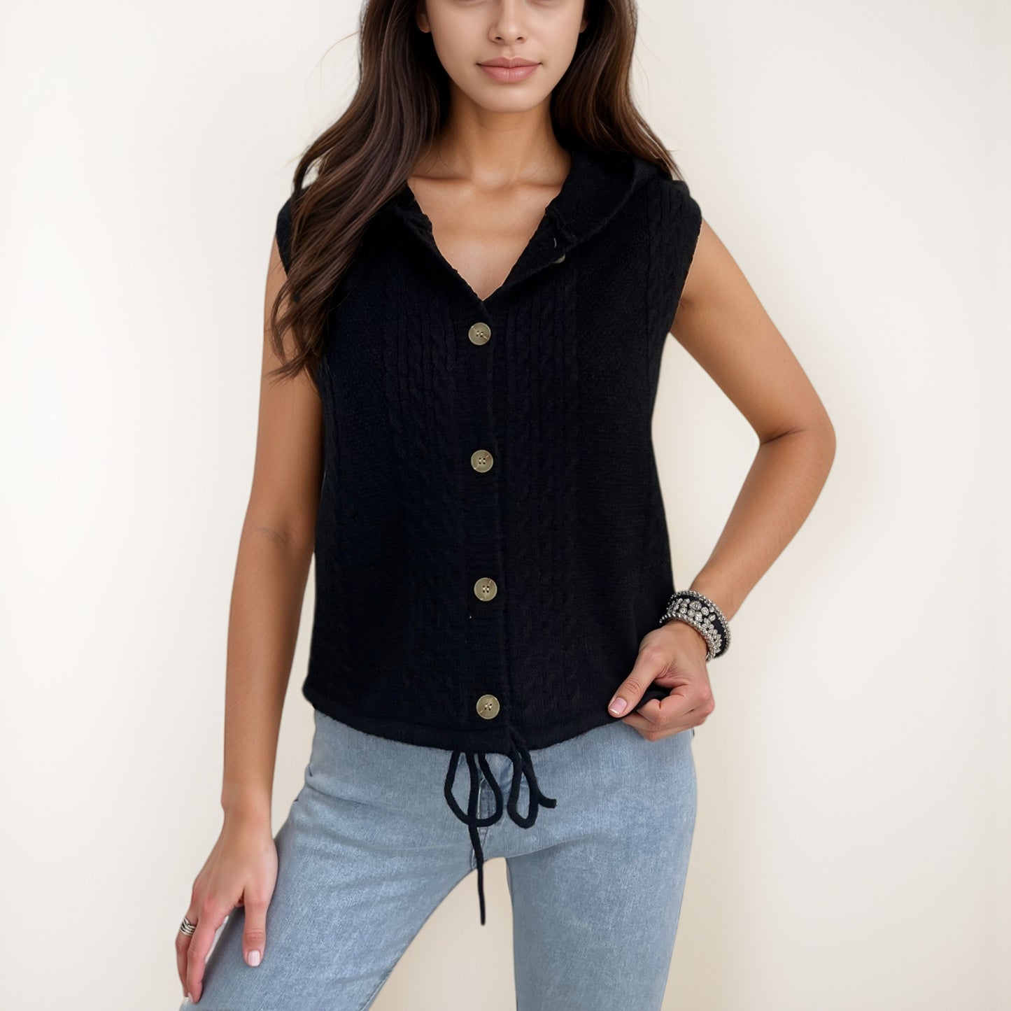 Anna-Kaci Women's Hooded Knit Button Down Vest with Drawstring Hem and Textured Cable Pattern