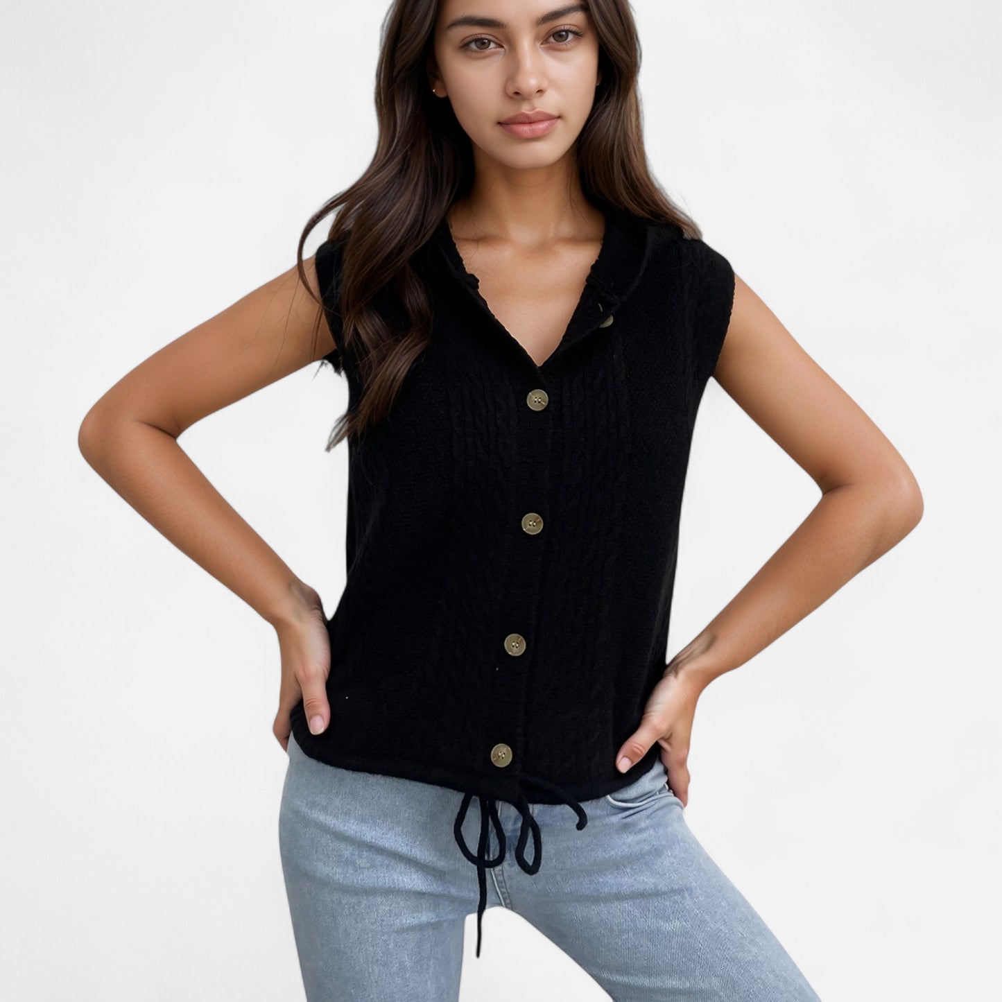Anna-Kaci Women's Hooded Knit Button Down Vest with Drawstring Hem and Textured Cable Pattern