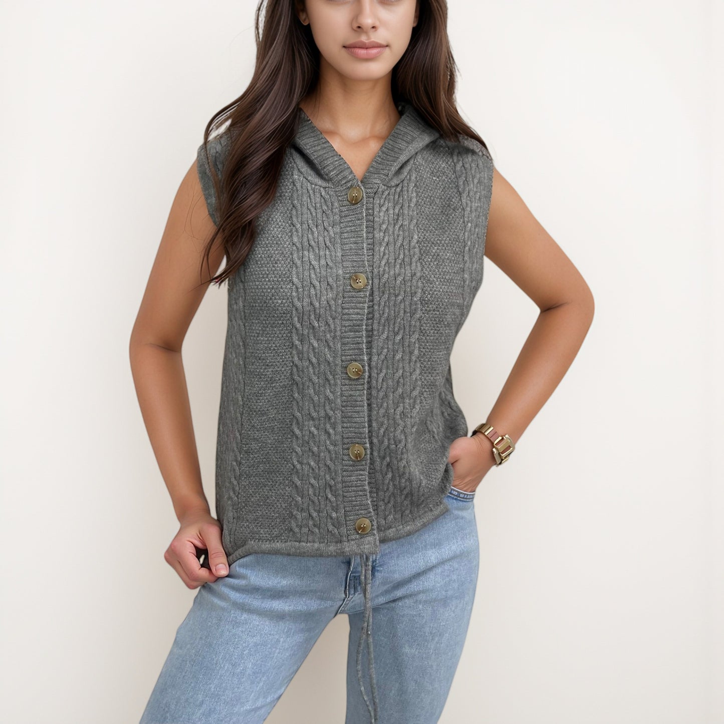 Anna-Kaci Women's Hooded Knit Button Down Vest with Drawstring Hem and Textured Cable Pattern