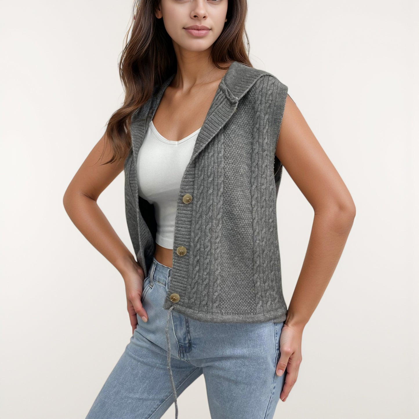 Anna-Kaci Women's Hooded Knit Button Down Vest with Drawstring Hem and Textured Cable Pattern