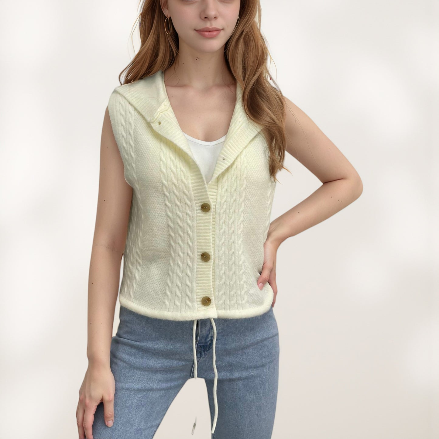 Anna-Kaci Women's Hooded Knit Button Down Vest with Drawstring Hem and Textured Cable Pattern