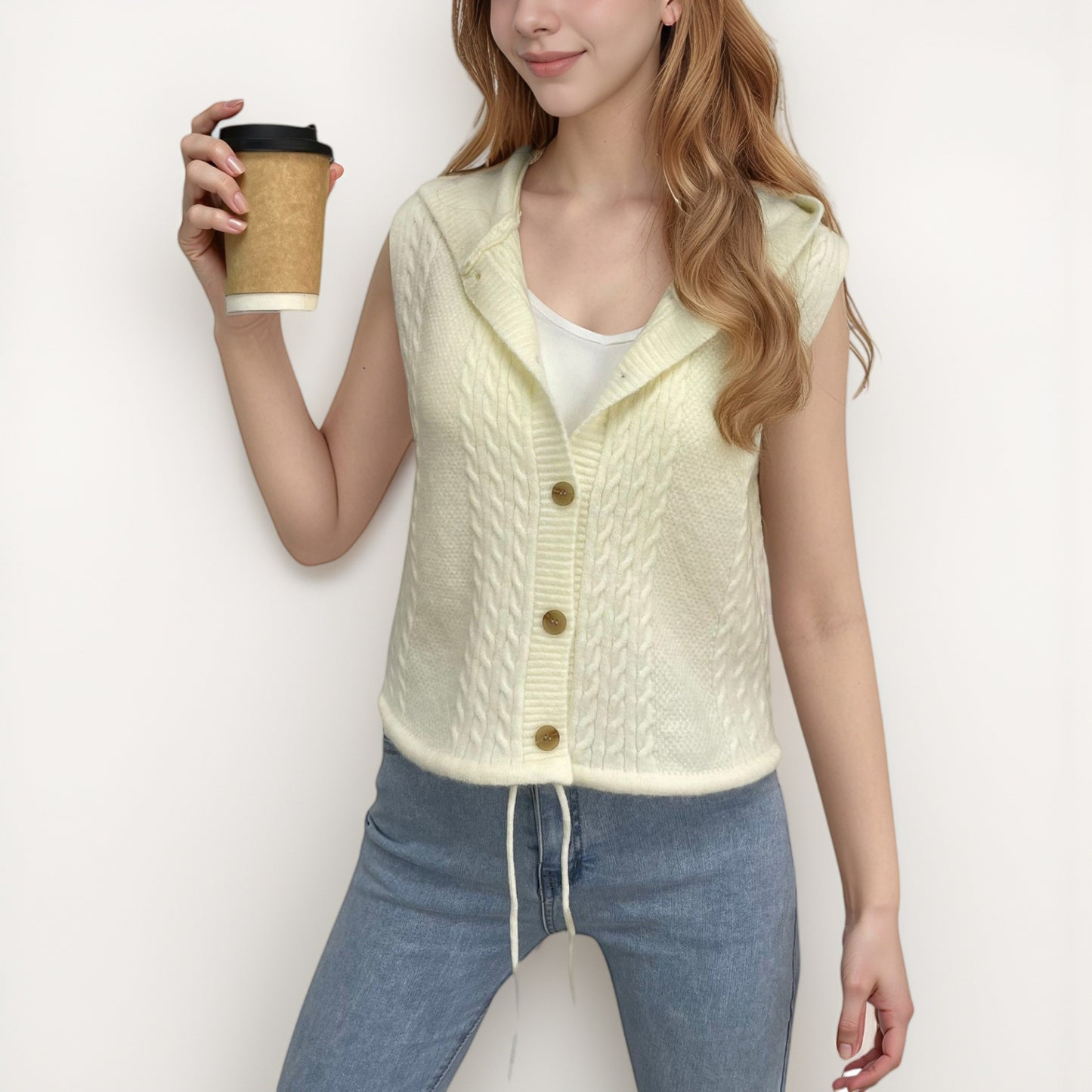 Anna-Kaci Women's Hooded Knit Button Down Vest with Drawstring Hem and Textured Cable Pattern