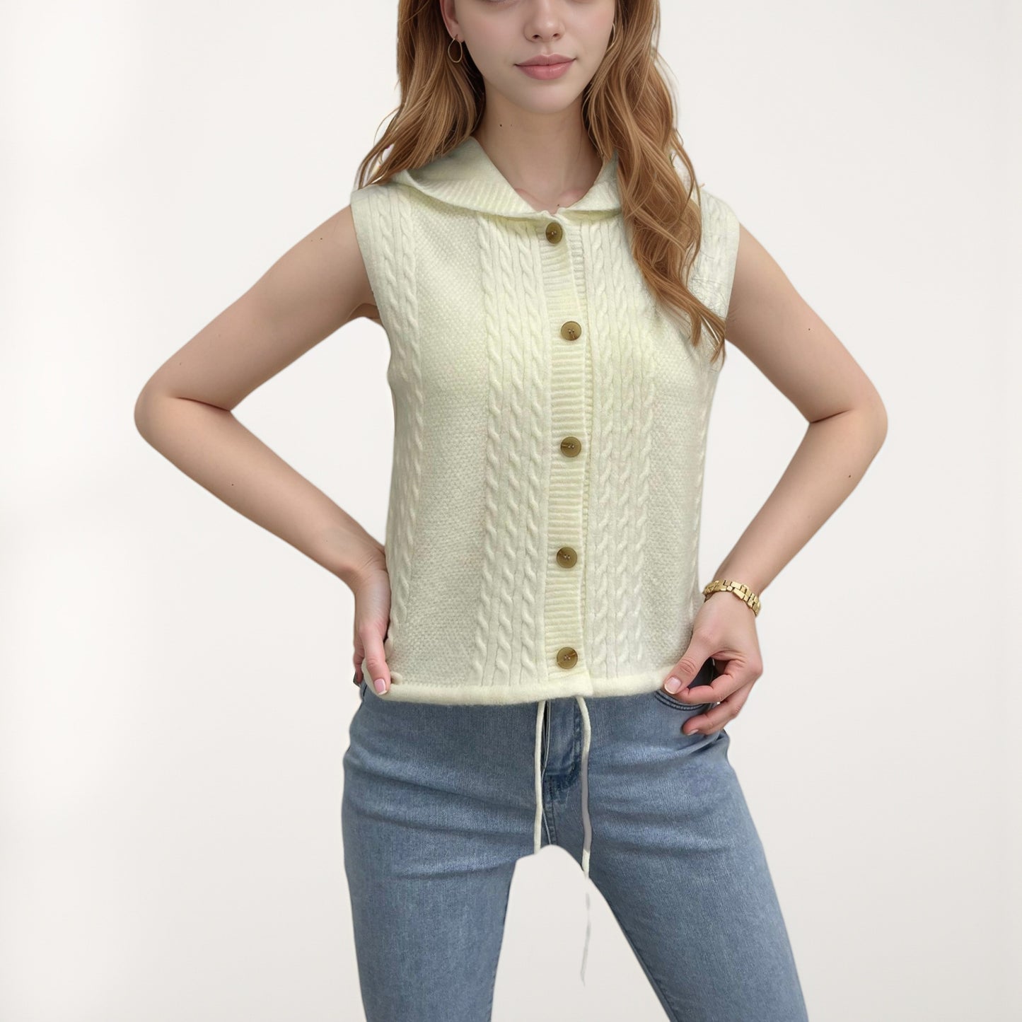 Anna-Kaci Women's Hooded Knit Button Down Vest with Drawstring Hem and Textured Cable Pattern