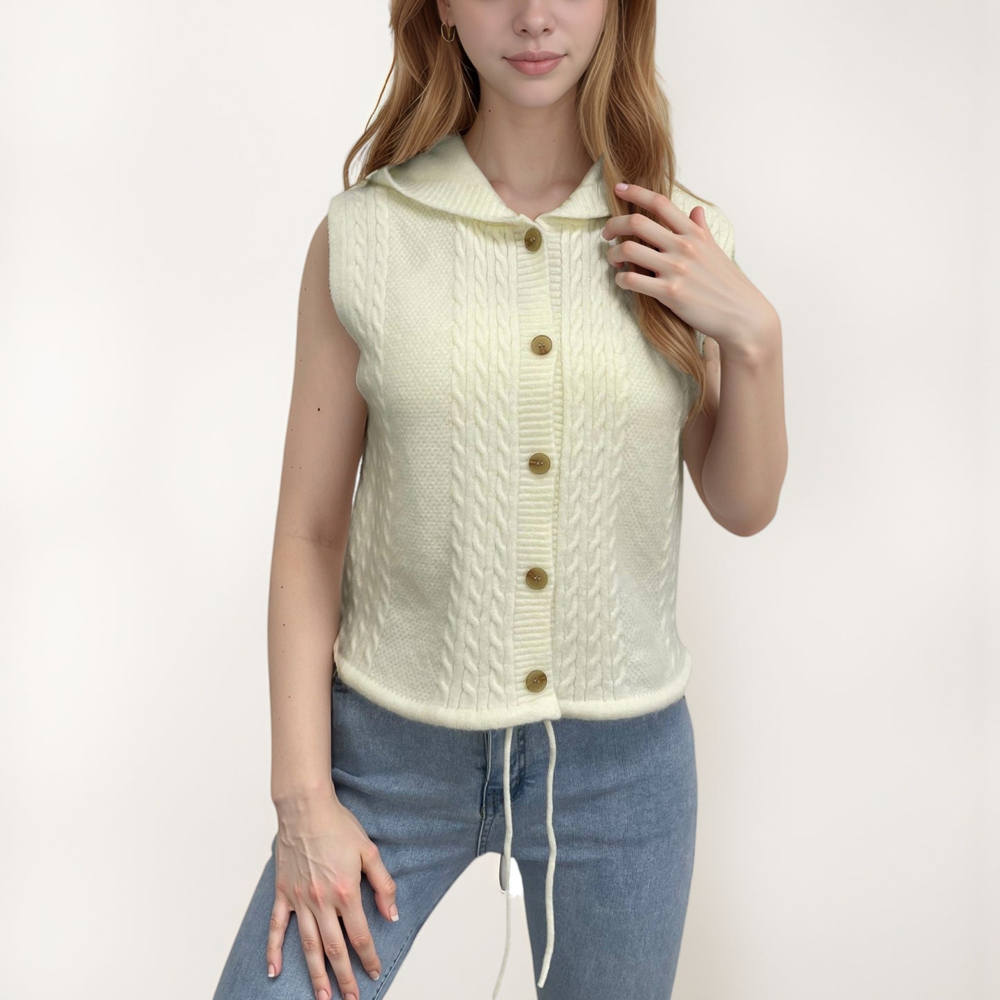 Anna-Kaci Women's Hooded Knit Button Down Vest with Drawstring Hem and Textured Cable Pattern