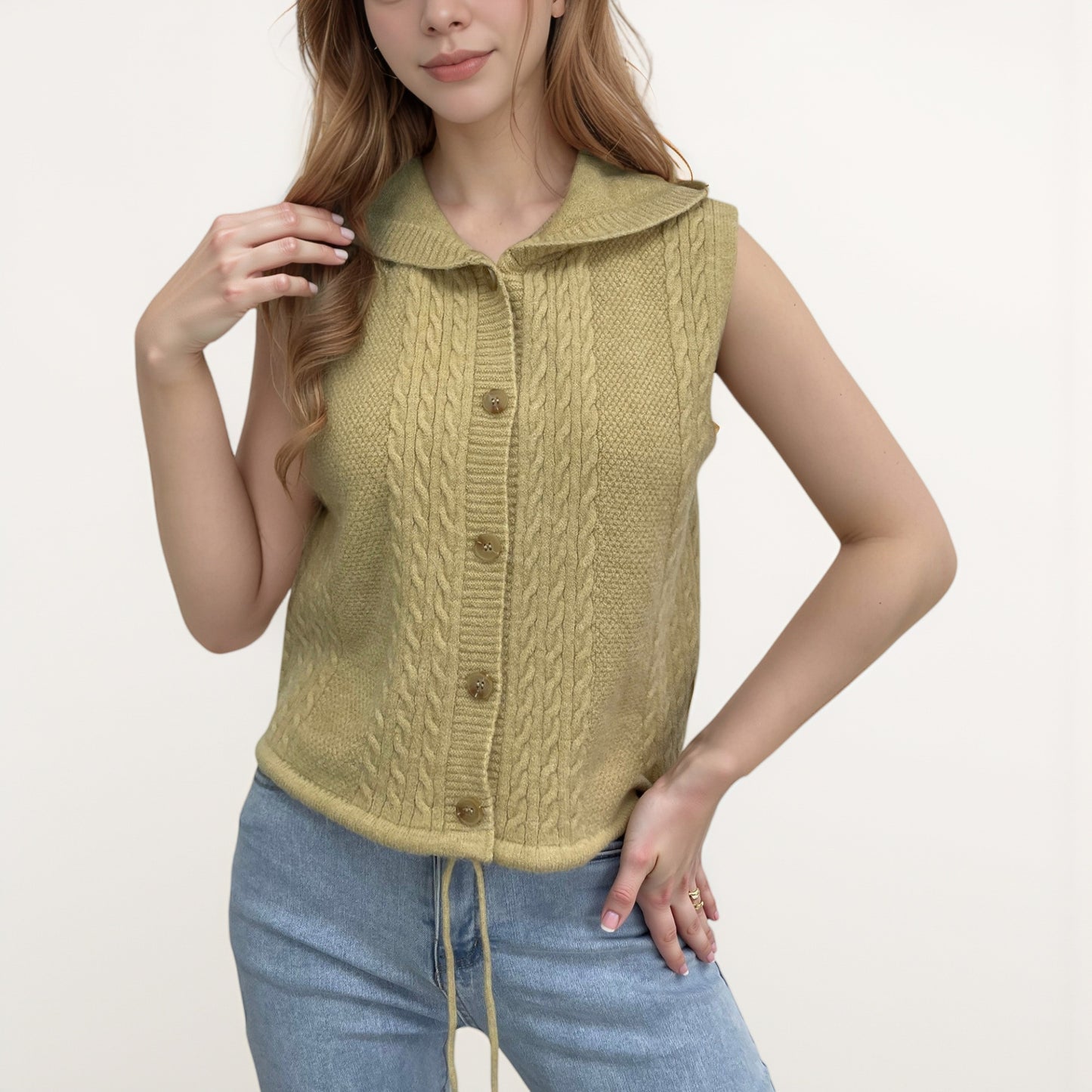 Anna-Kaci Women's Hooded Knit Button Down Vest with Drawstring Hem and Textured Cable Pattern