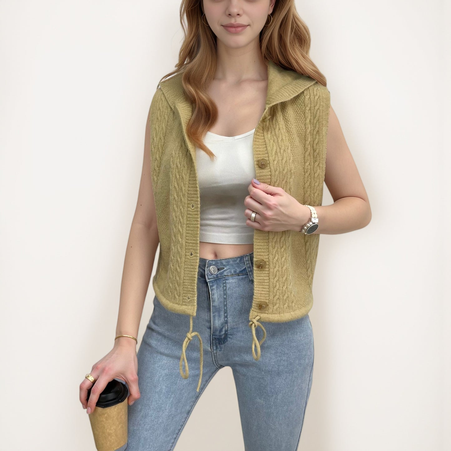 Anna-Kaci Women's Hooded Knit Button Down Vest with Drawstring Hem and Textured Cable Pattern