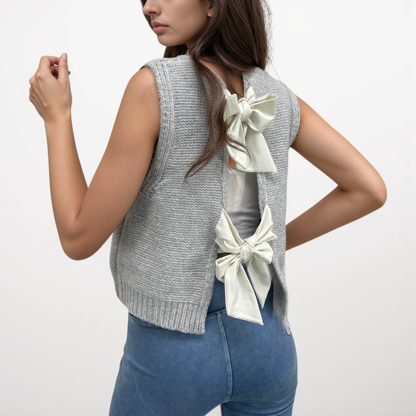Anna-Kaci Women's Sleeveless Knit Vest with Back Bow Tie Accents and Open Back Detail