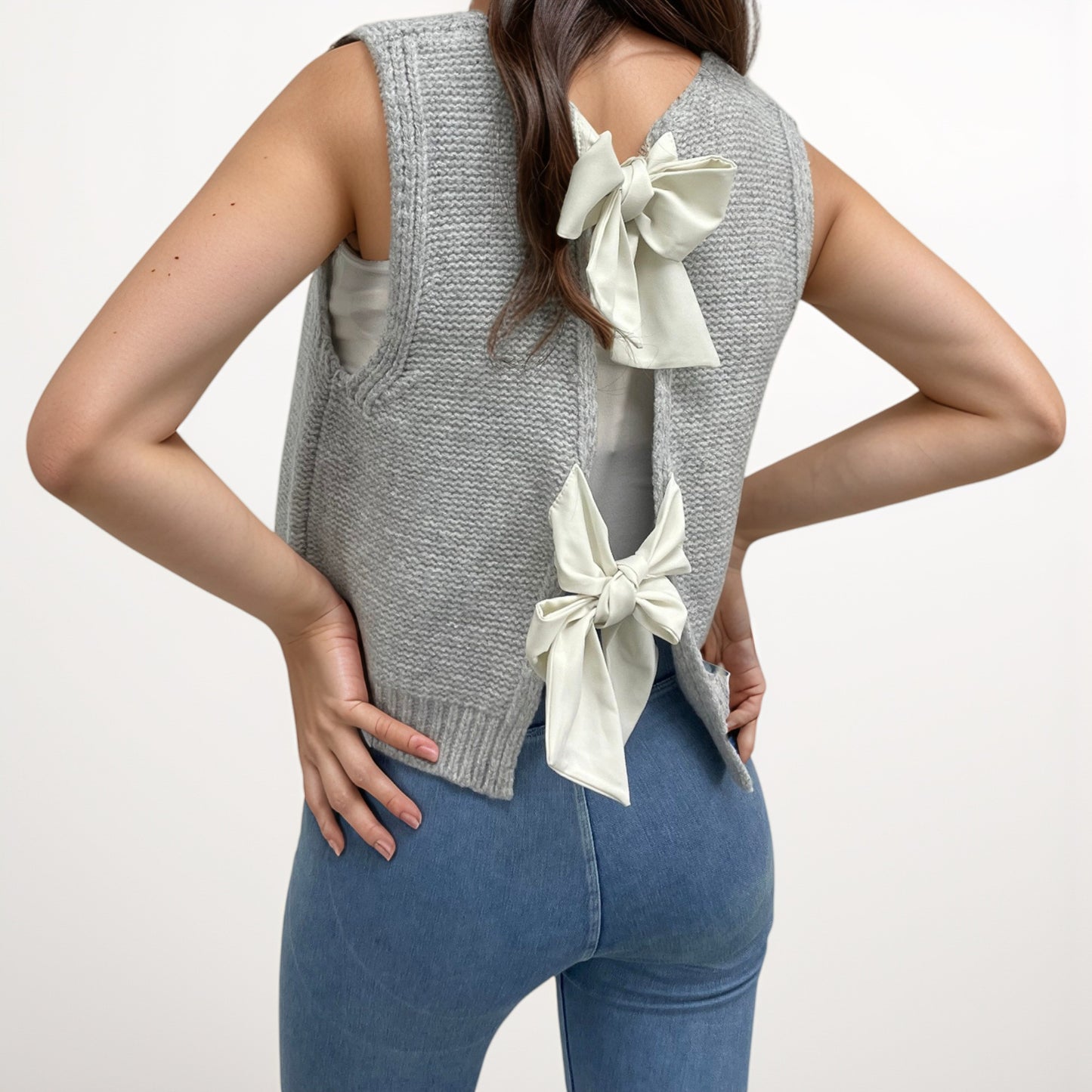 Anna-Kaci Women's Sleeveless Knit Vest with Back Bow Tie Accents and Open Back Detail