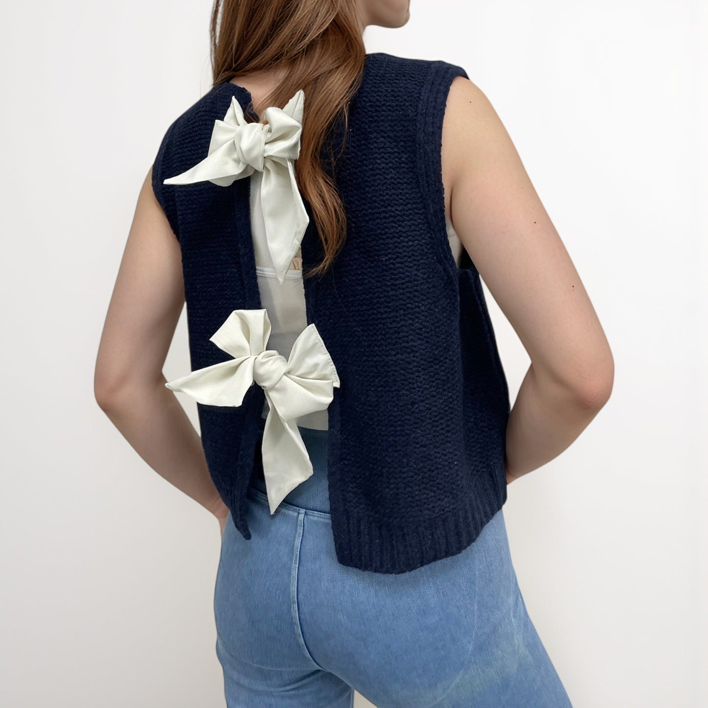Anna-Kaci Women's Sleeveless Knit Vest with Back Bow Tie Accents and Open Back Detail