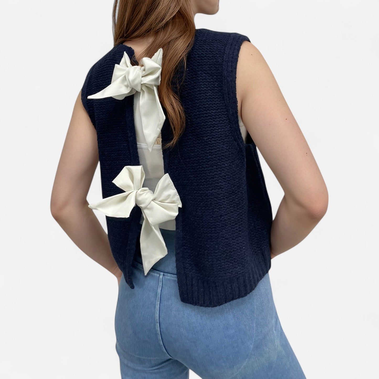 Anna-Kaci Women's Sleeveless Knit Vest with Back Bow Tie Accents and Open Back Detail