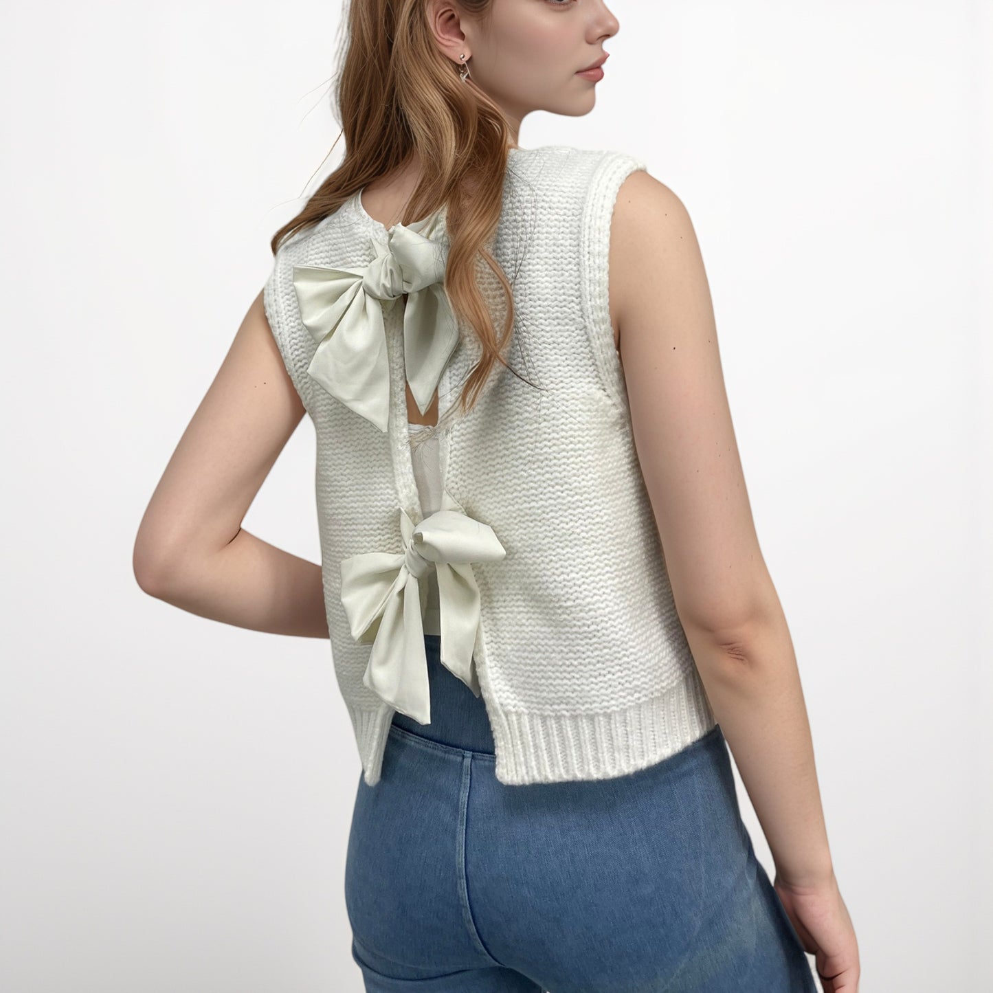 Anna-Kaci Women's Sleeveless Knit Vest with Back Bow Tie Accents and Open Back Detail