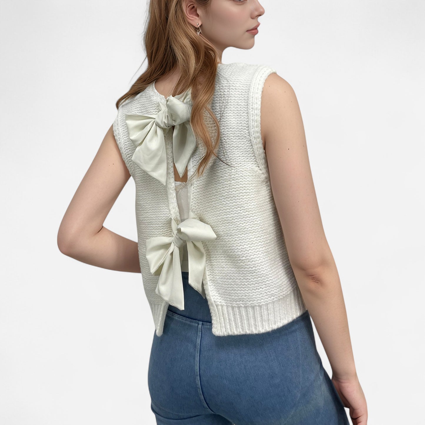 Anna-Kaci Women's Sleeveless Knit Vest with Back Bow Tie Accents and Open Back Detail