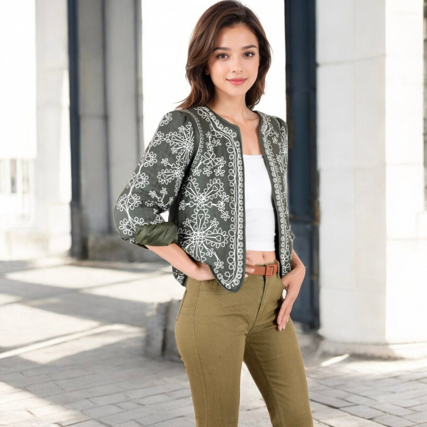 Anna-Kaci Women's Embroidered Open Front Jacket with Puff Sleeves and Floral Detailing