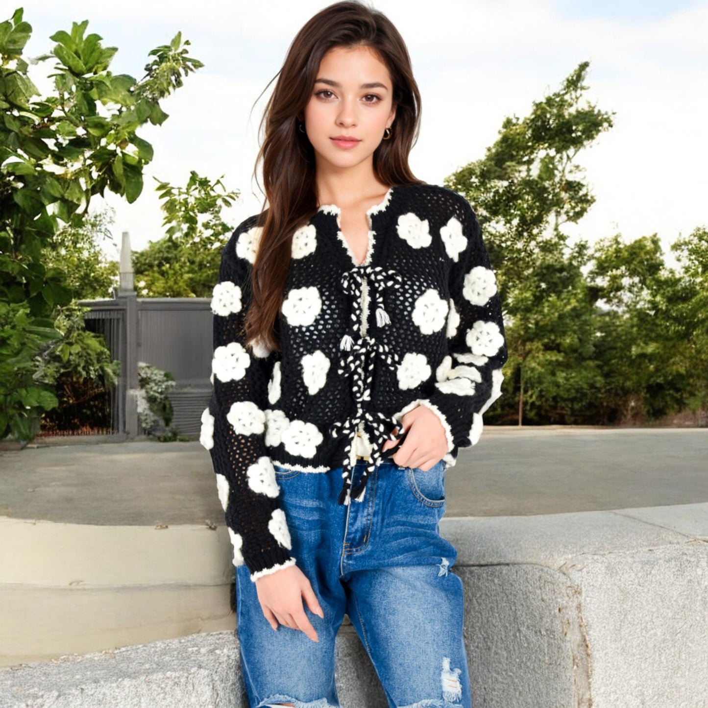 Anna-Kaci Women's Crochet Knit Floral Cardigan with Tassel Tie Front and Scalloped Edges