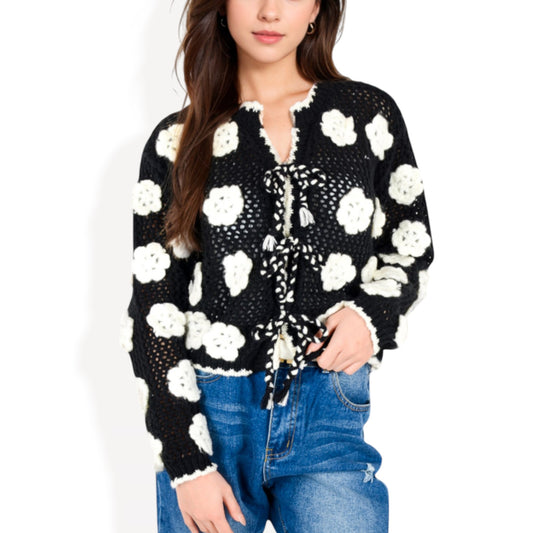 Anna-Kaci Women's Crochet Knit Floral Cardigan with Tassel Tie Front and Scalloped Edges