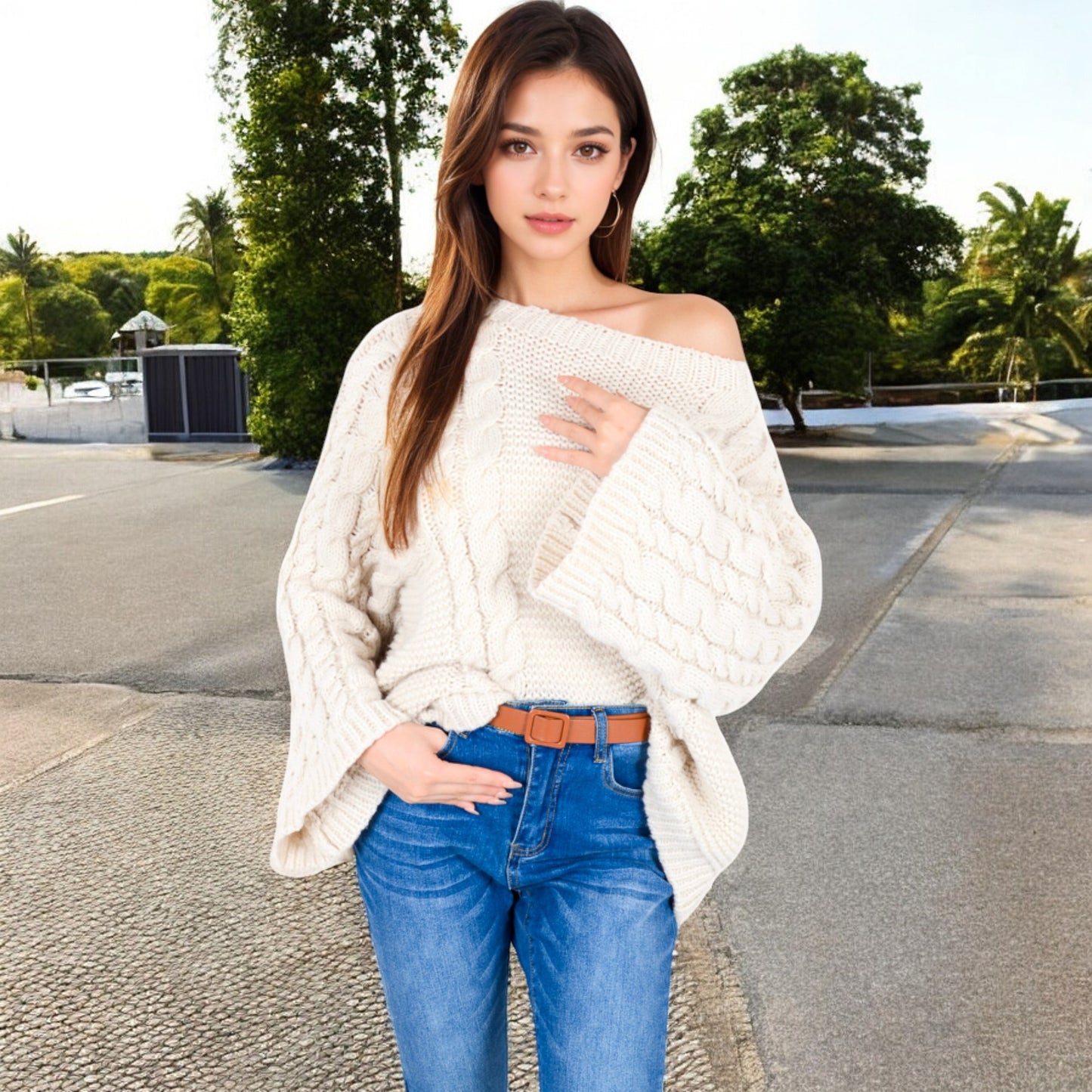 Anna-Kaci Women's Cable Knit Sweater with Long Bell Sleeves