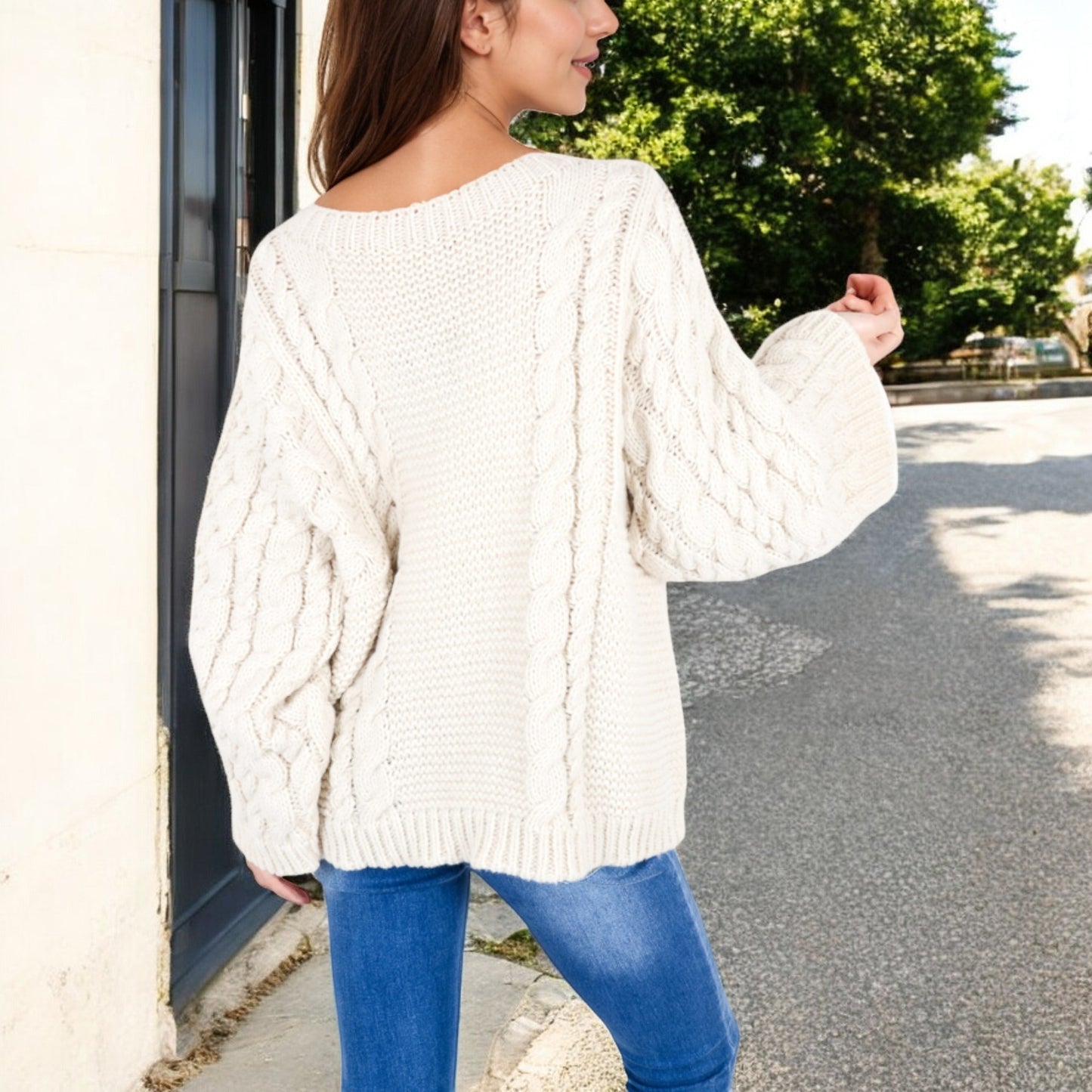 Anna-Kaci Women's Cable Knit Sweater with Long Bell Sleeves