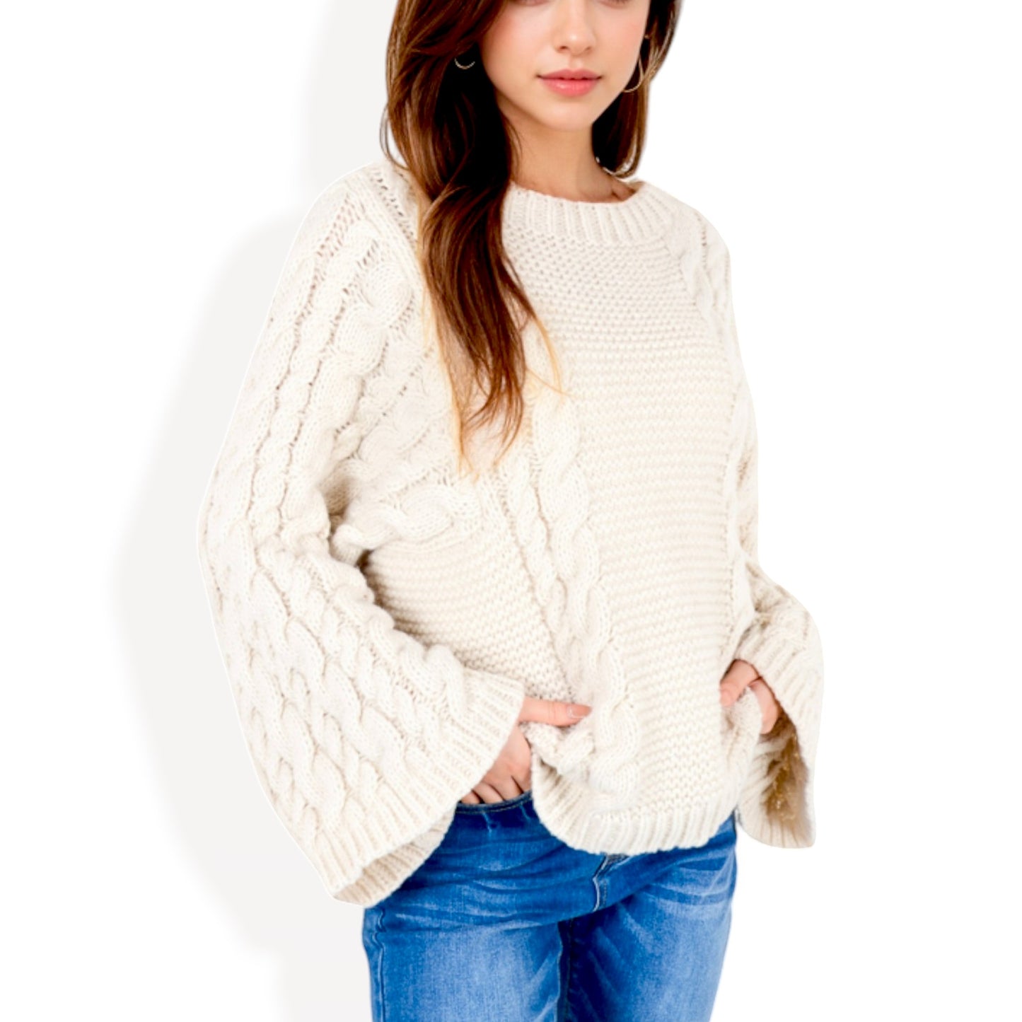 Anna-Kaci Women's Cable Knit Sweater with Long Bell Sleeves