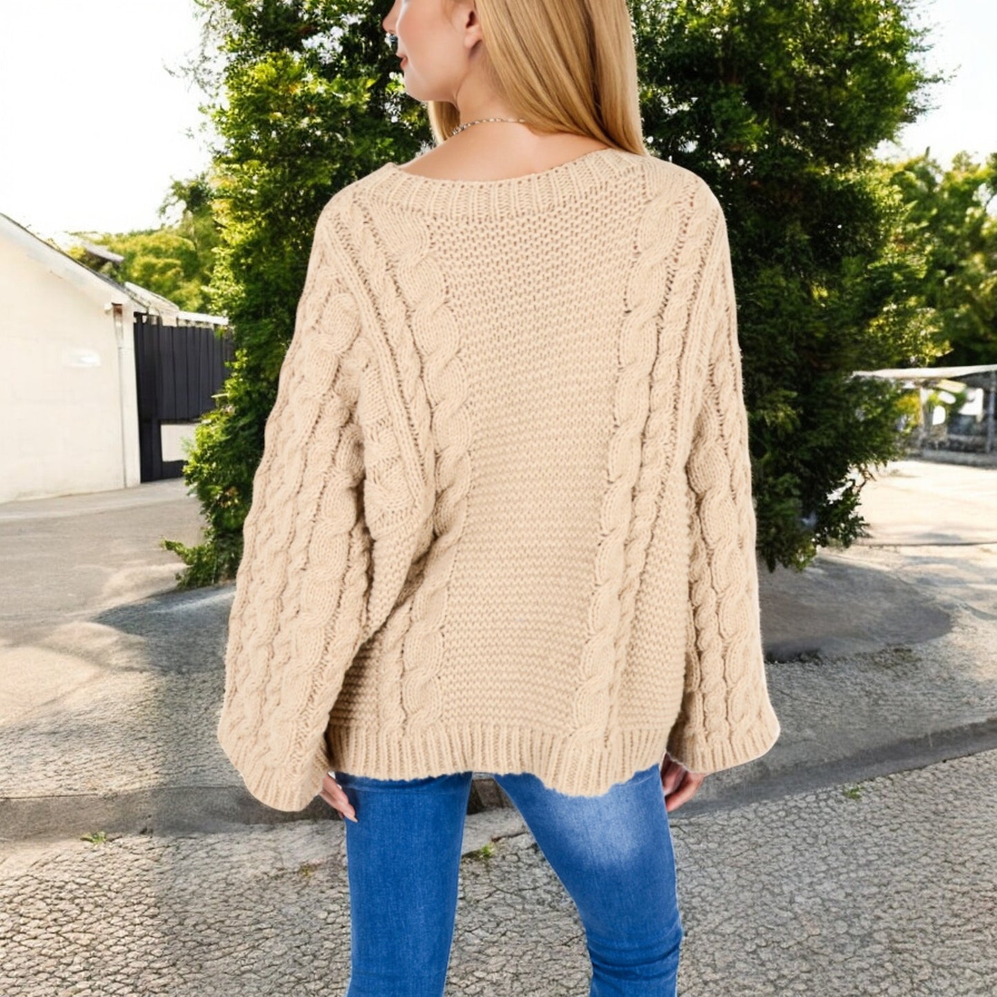 Anna-Kaci Women's Cable Knit Sweater with Long Bell Sleeves