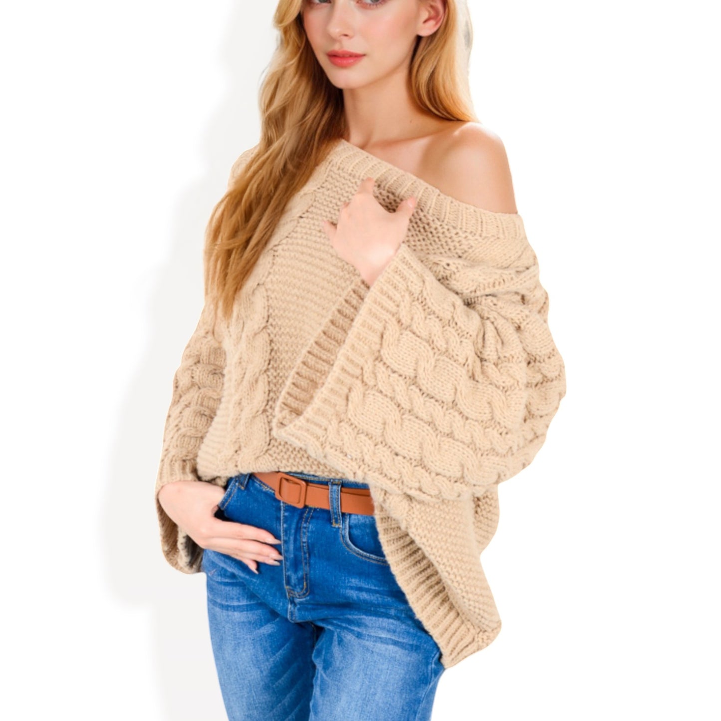 Anna-Kaci Women's Cable Knit Sweater with Long Bell Sleeves