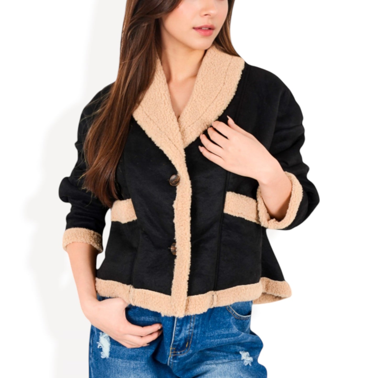 Anna-Kaci Women's Faux Shearling Jacket with Shawl Collar and Contrast Trim