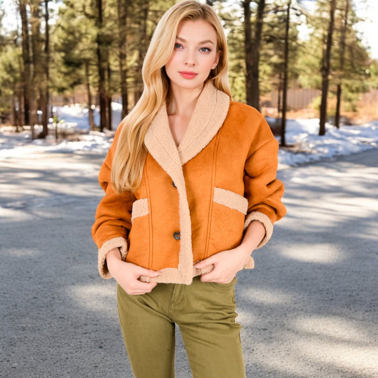 Anna-Kaci Women's Faux Shearling Jacket with Shawl Collar and Contrast Trim