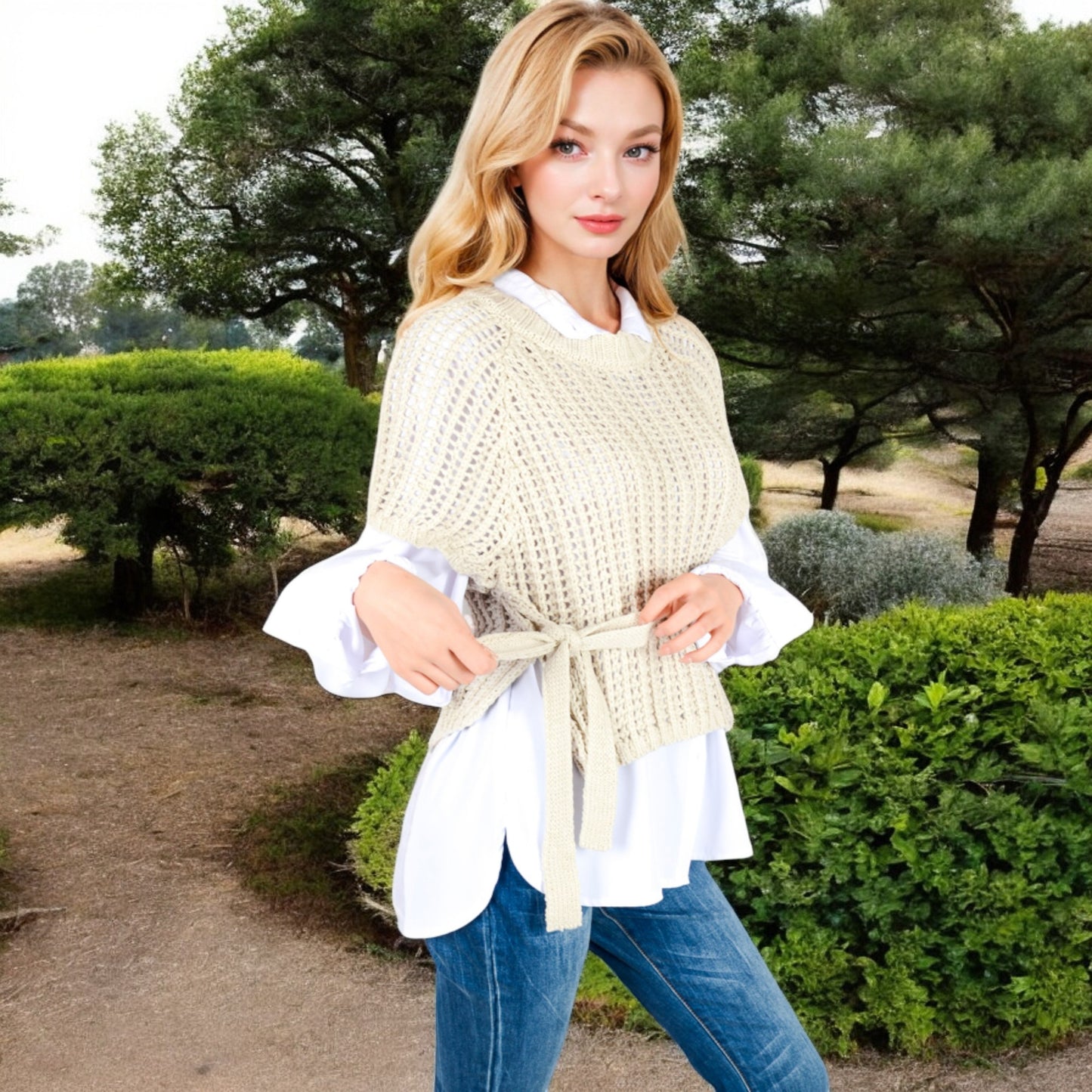 Anna-Kaci Women's Open Knit Pullover Sweater Vest with Cap Sleeves and Ribbed Hem
