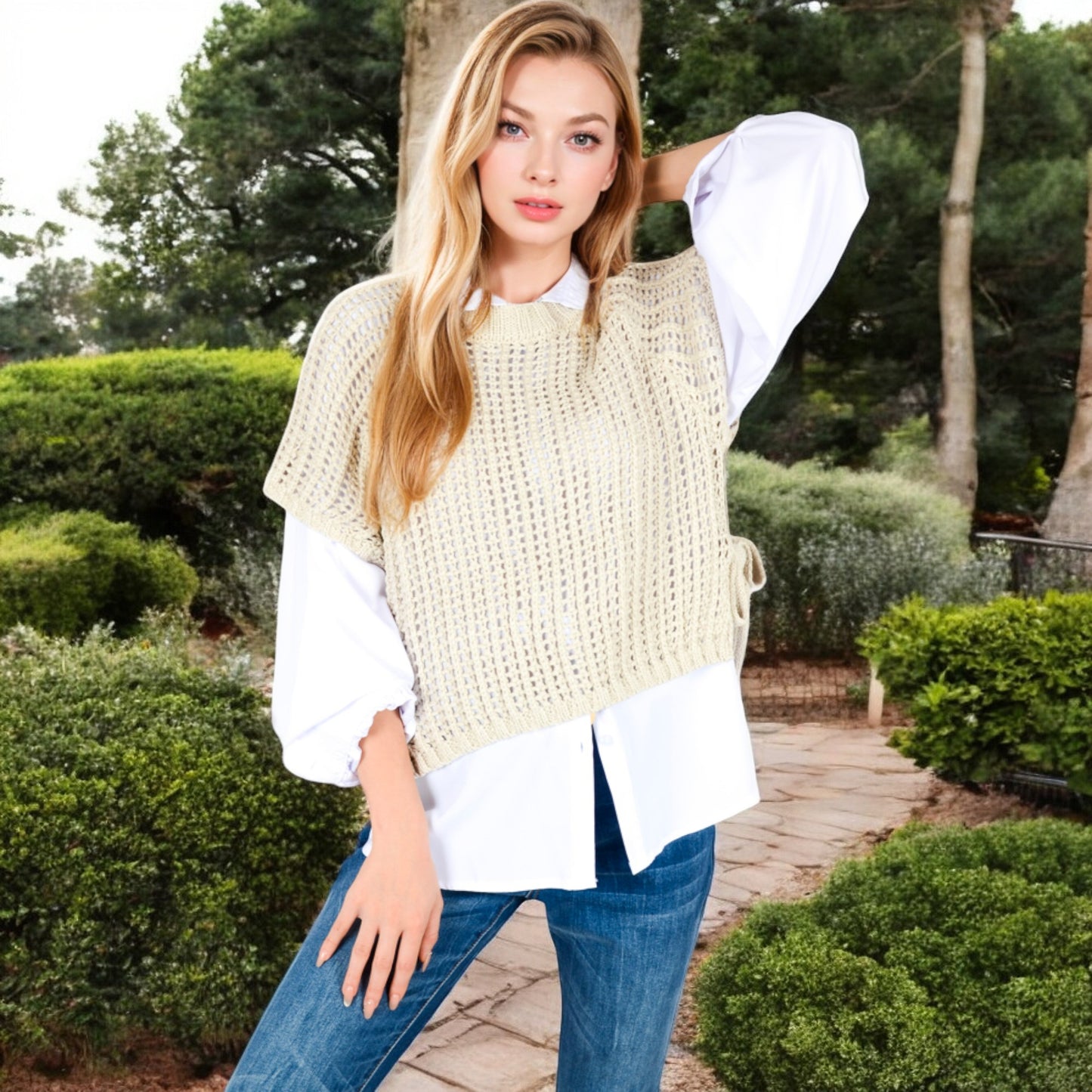 Anna-Kaci Women's Open Knit Pullover Sweater Vest with Cap Sleeves and Ribbed Hem