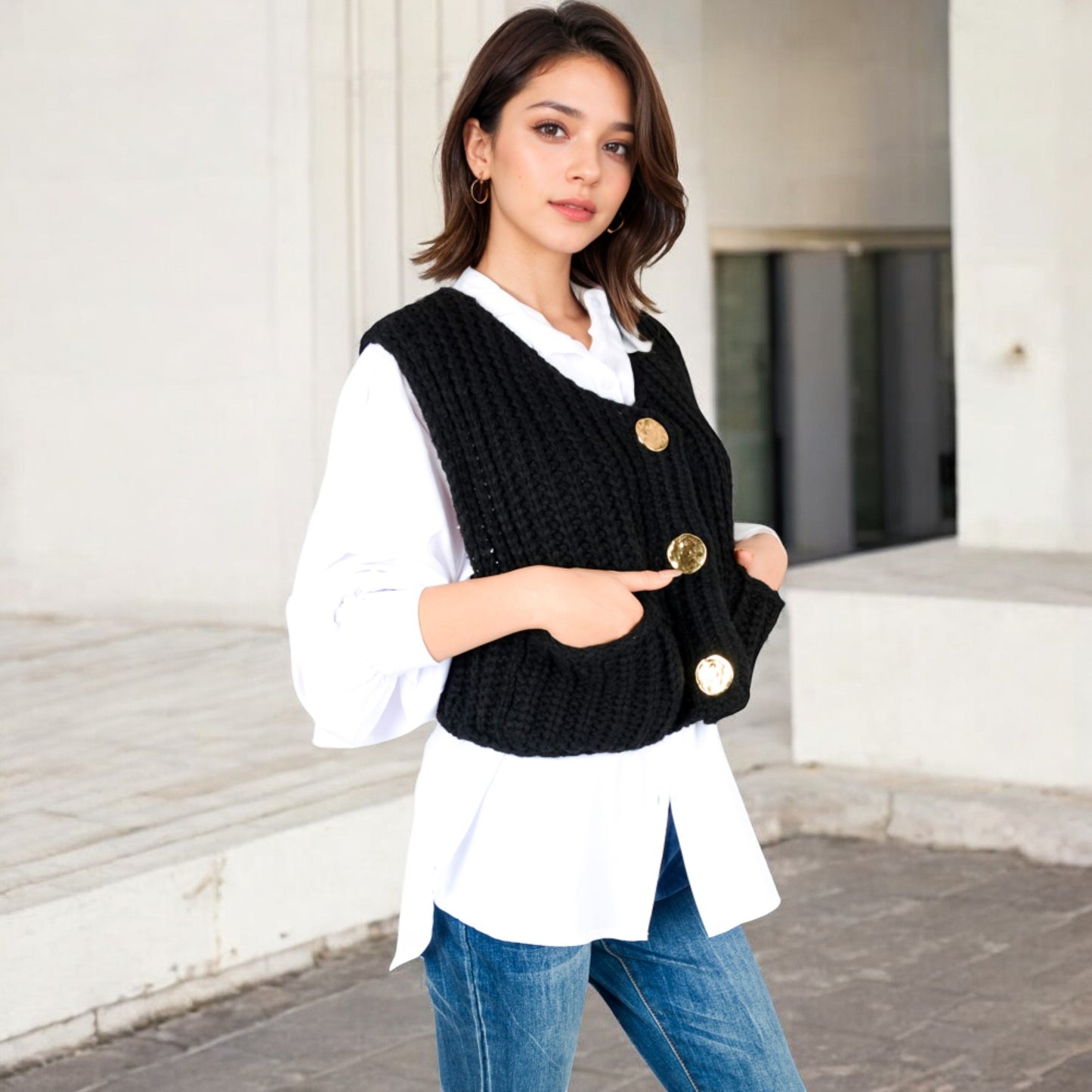 Anna-Kaci Women's Chunky Knit Vest with Oversized Buttons and Front Pockets