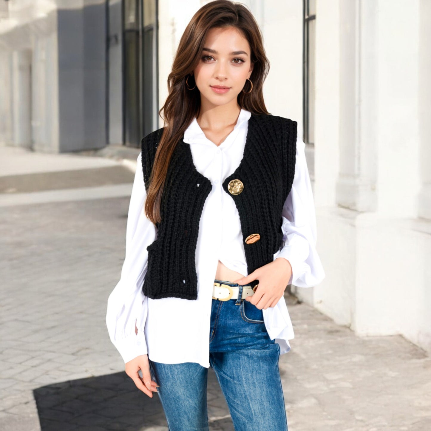 Anna-Kaci Women's Chunky Knit Vest with Oversized Buttons and Front Pockets